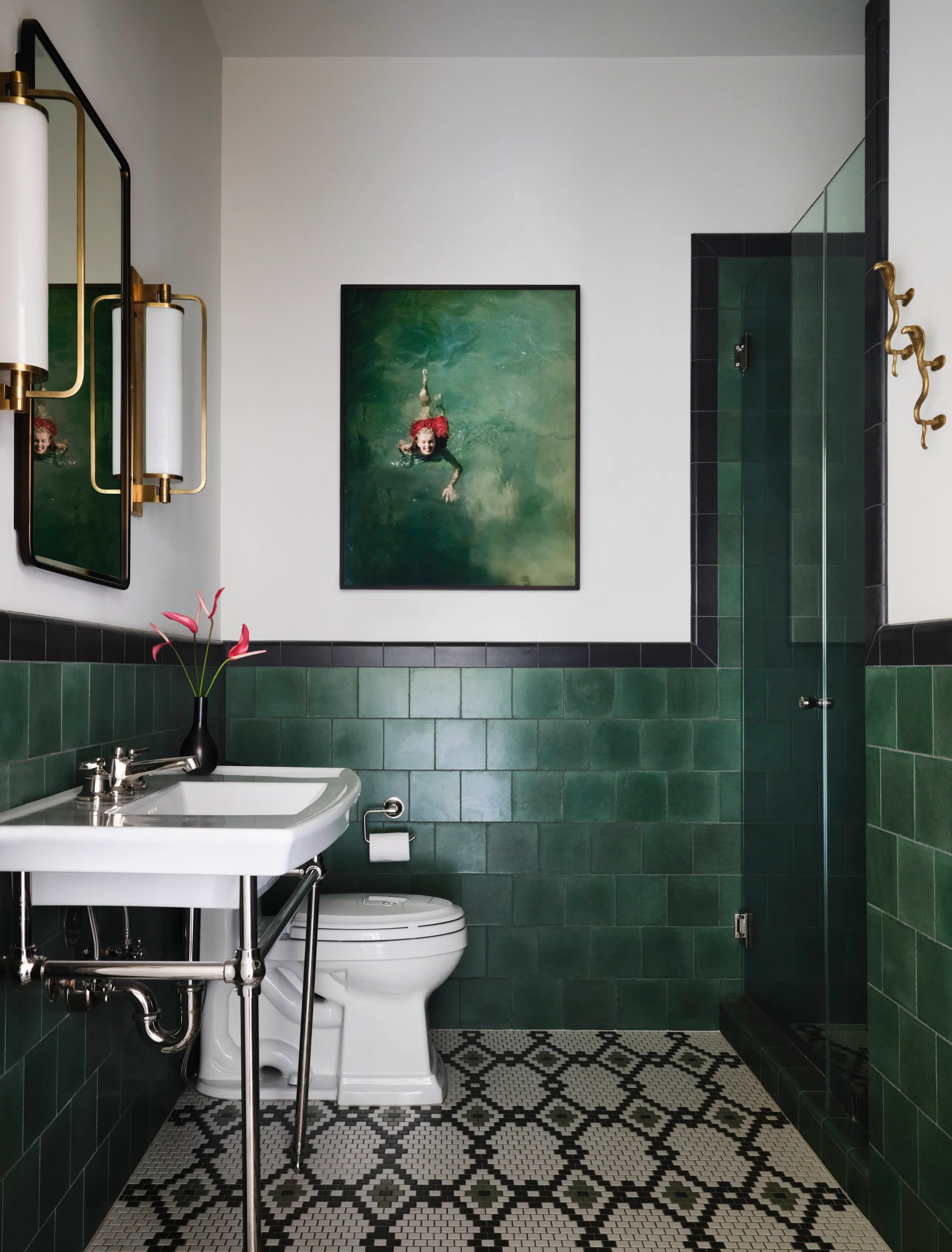 Artistic Oasis: A Chic Bathroom with Deep Green Tiles and Artistic Flair | Material Depot