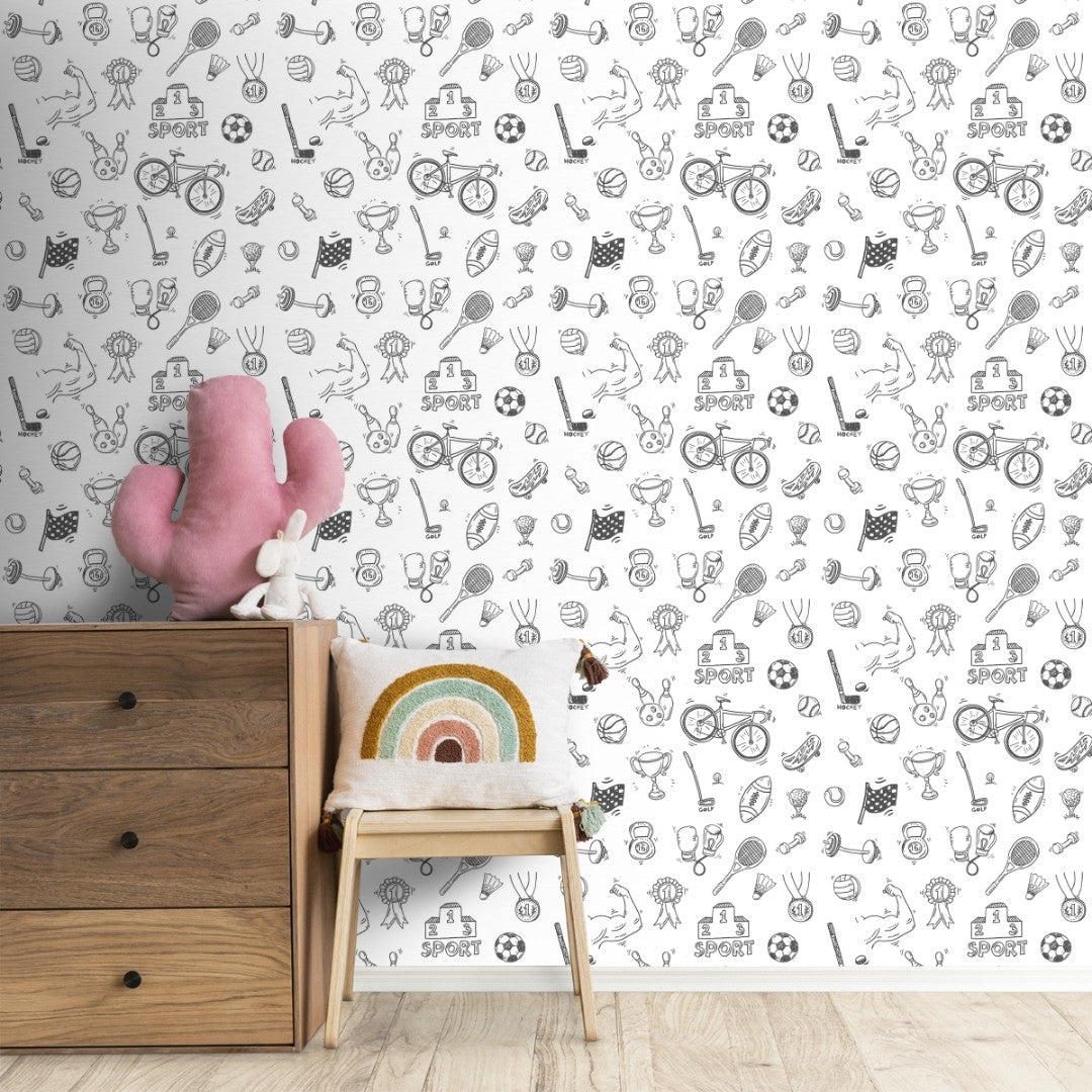 A close-up of a Black and White Sports Wallpaper for Kids Rooms Sparkla N Shine Series Patterned Design (Customised Size Wallpaper) with a finish available at Material Depot in Bangalore