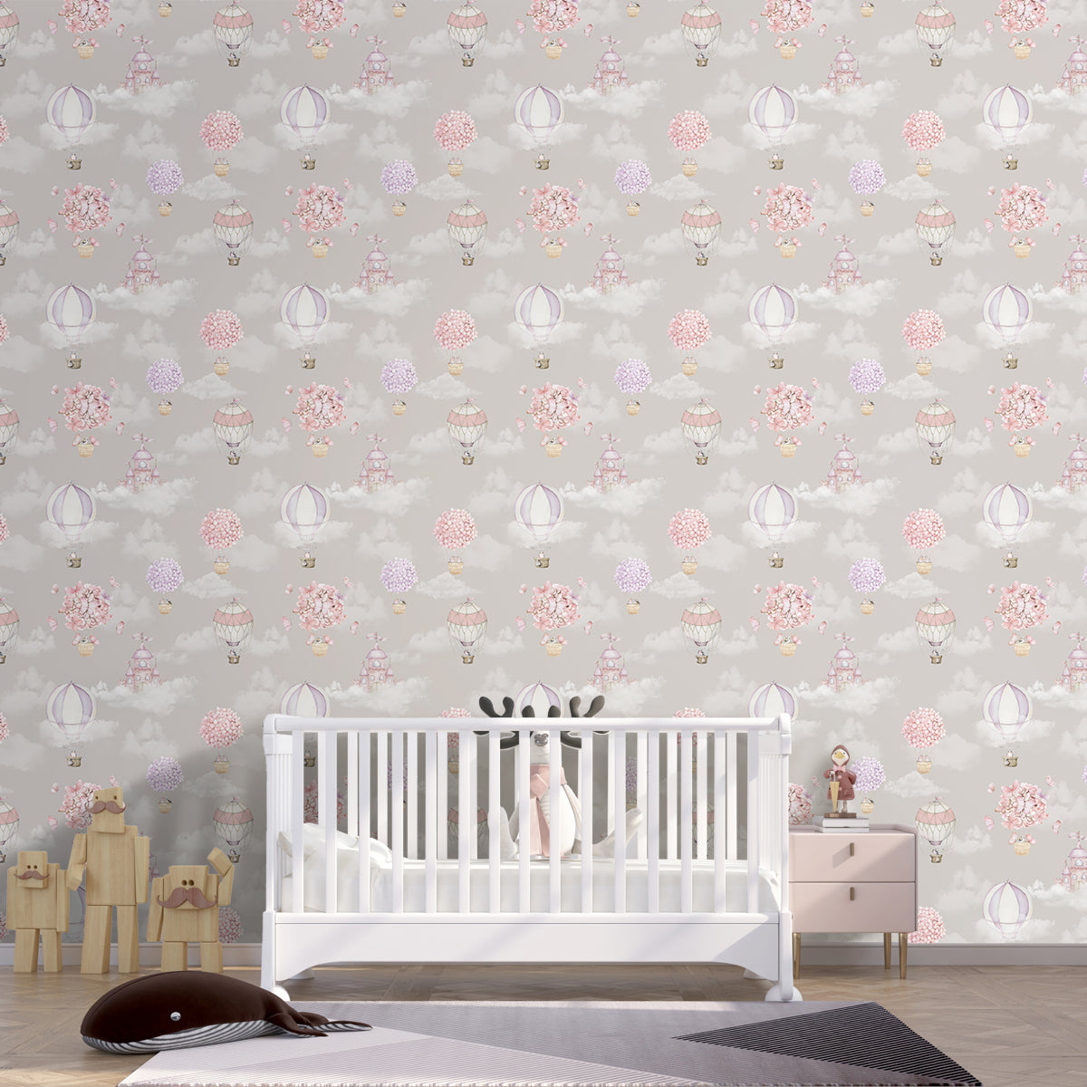 A close-up of a Balloons of Blooms, Adorable Hot Air Balloon Wallpaper for Girls Room, Beige 19.6 Inches(W) x 420 Inches(H) Atarangi Series Patterned Patterned - 57 Sq. Ft. with a finish available at Material Depot in Bangalore