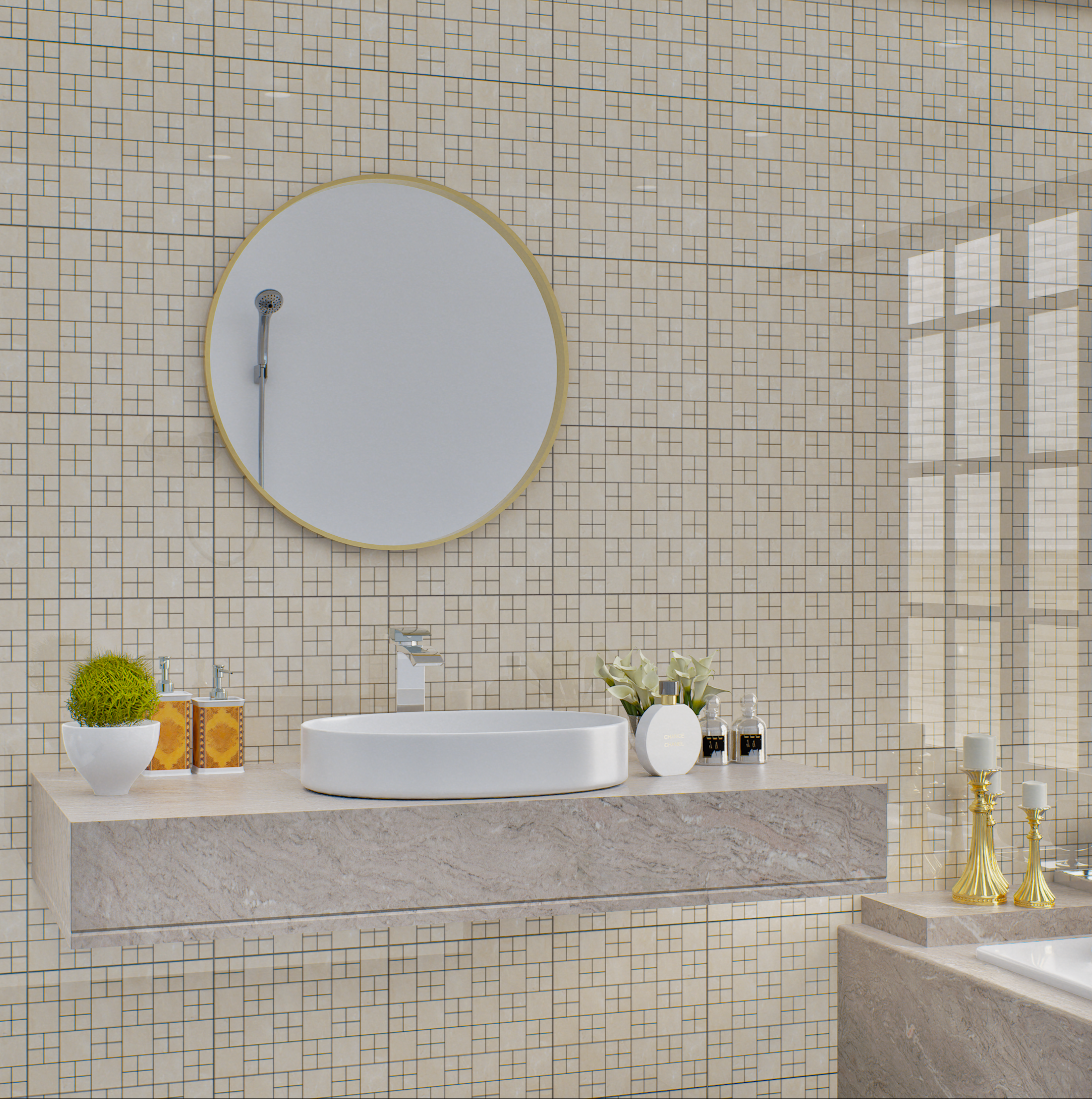 Bathroom with Beige Mosaic Tile Wall | Material Depot