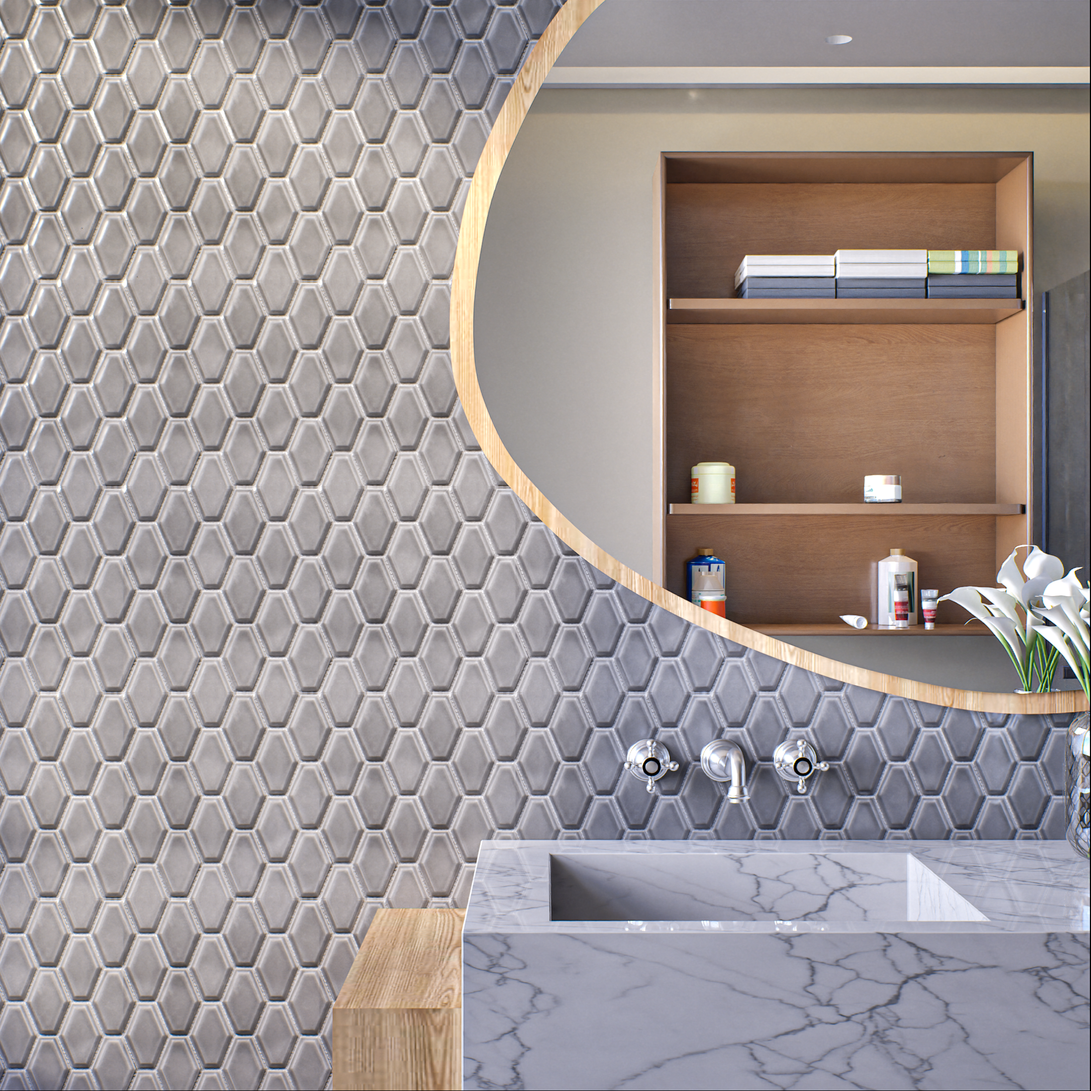 Bathroom with Hexagonal Grey Tiles and Marble Vanity | Material Depot