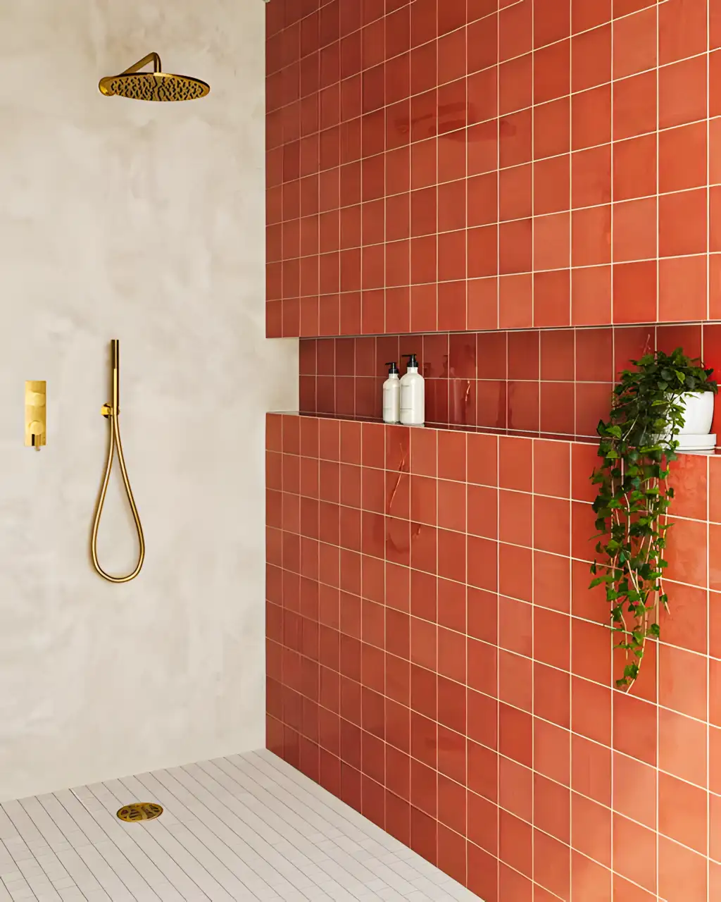 Bathroom With Small Red Tiles With Attractive Geometric Floor Tiles | Material Depot