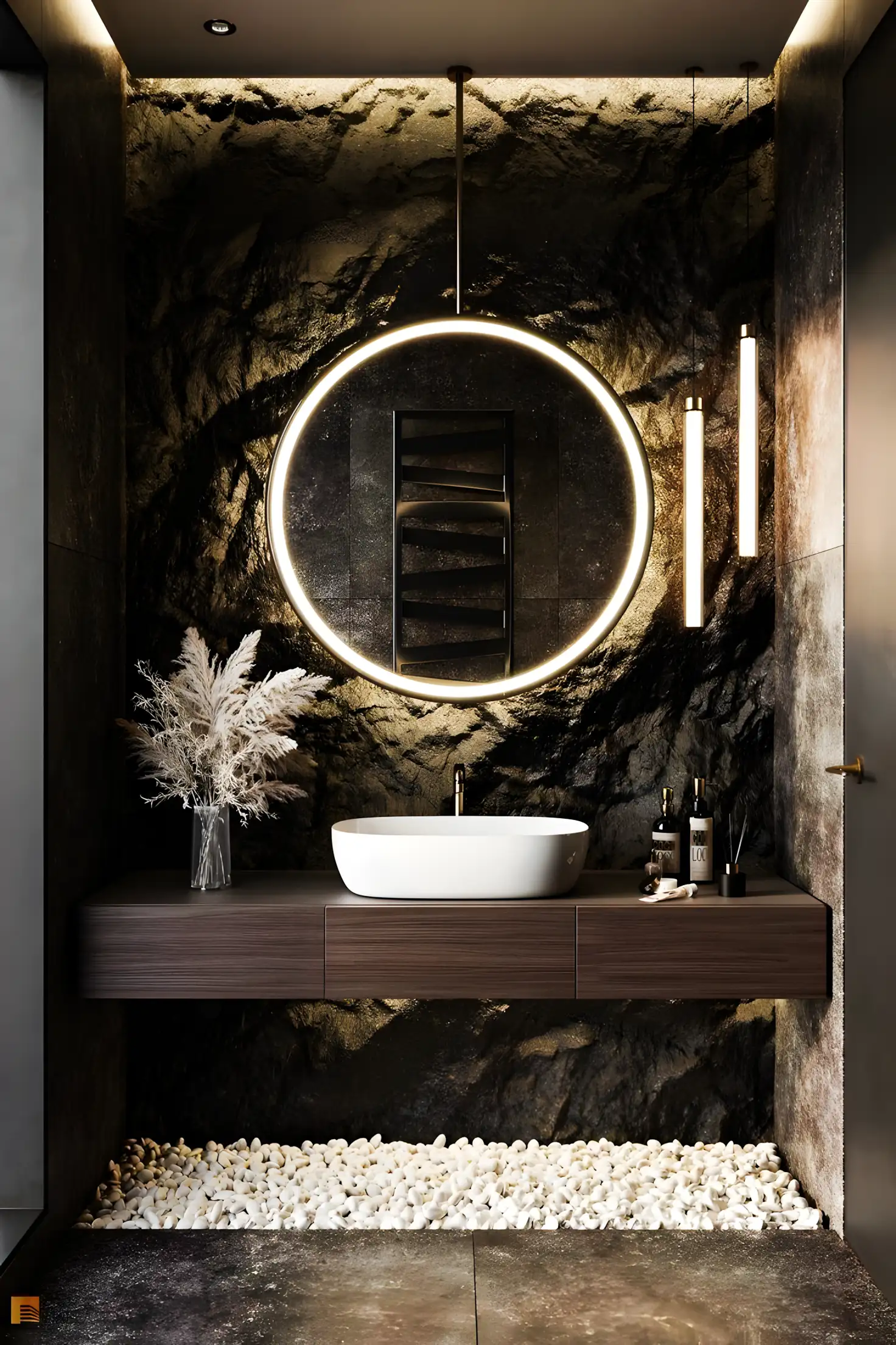 Bathroom With Stone Wall And Circular Mirror | Material Depot