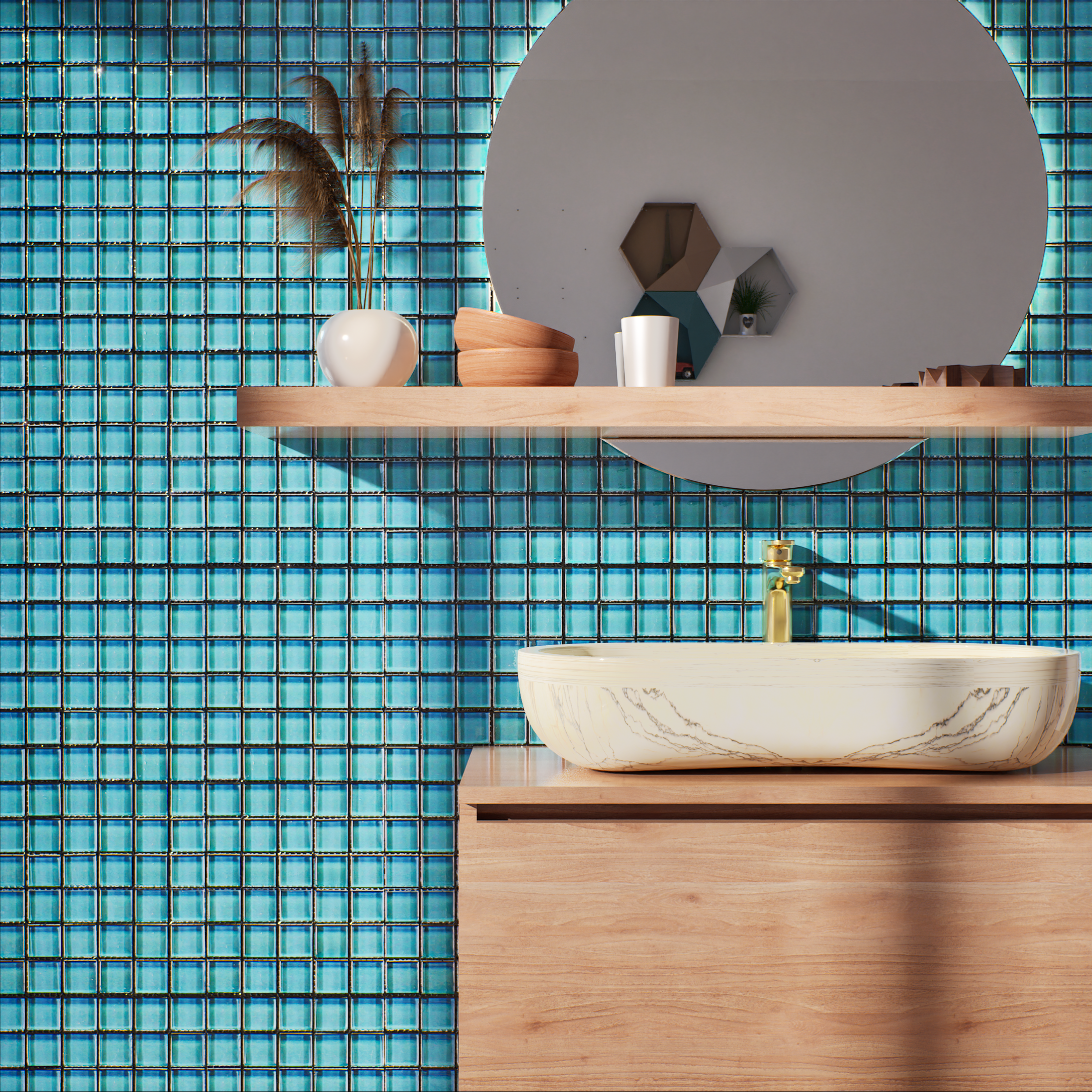 Bathroom with Vibrant Blue Glass Mosaic Backsplash | Material Depot