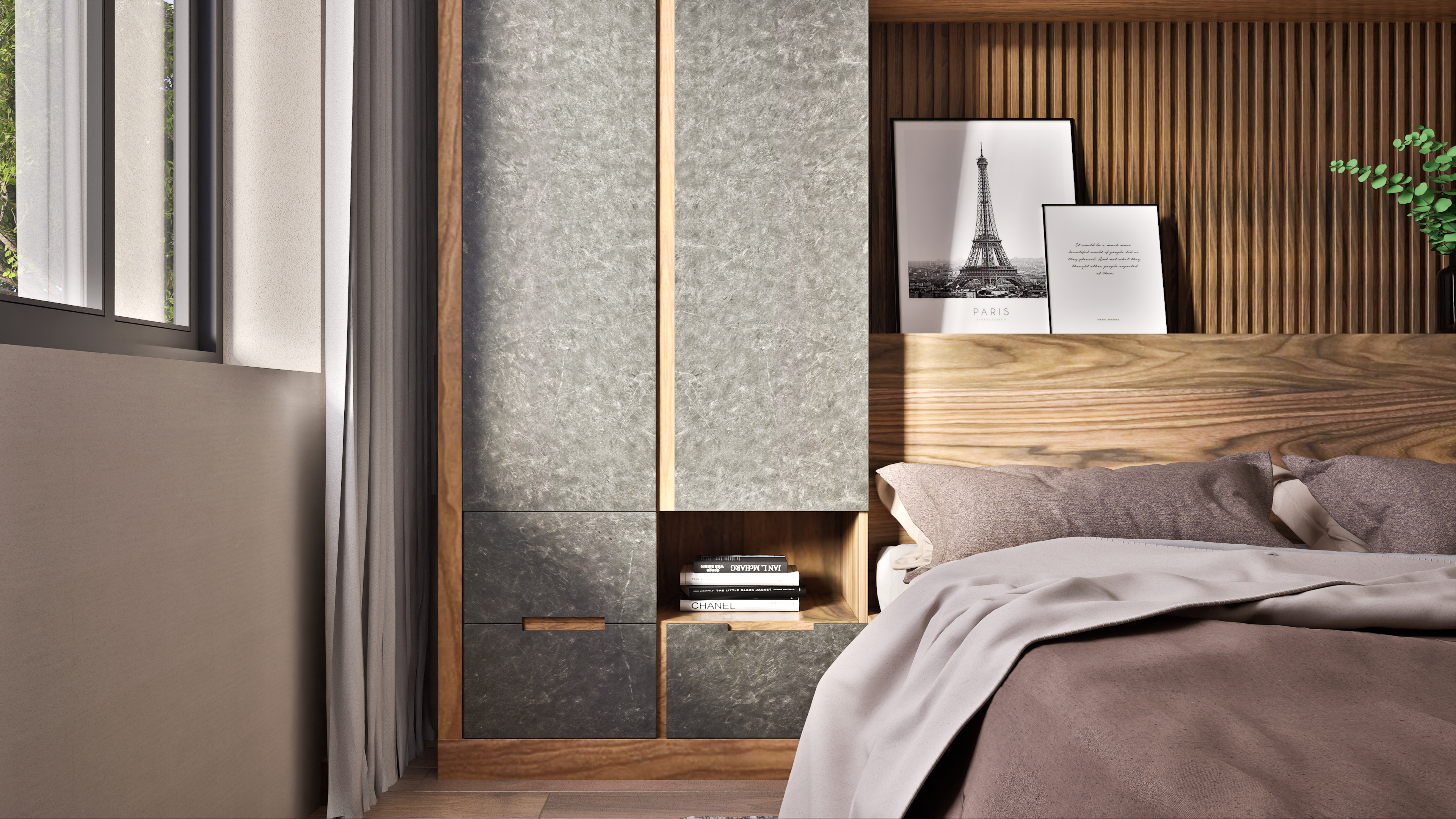 Bedroom with Textured Cabinetry and Artistic Accents | Material Depot