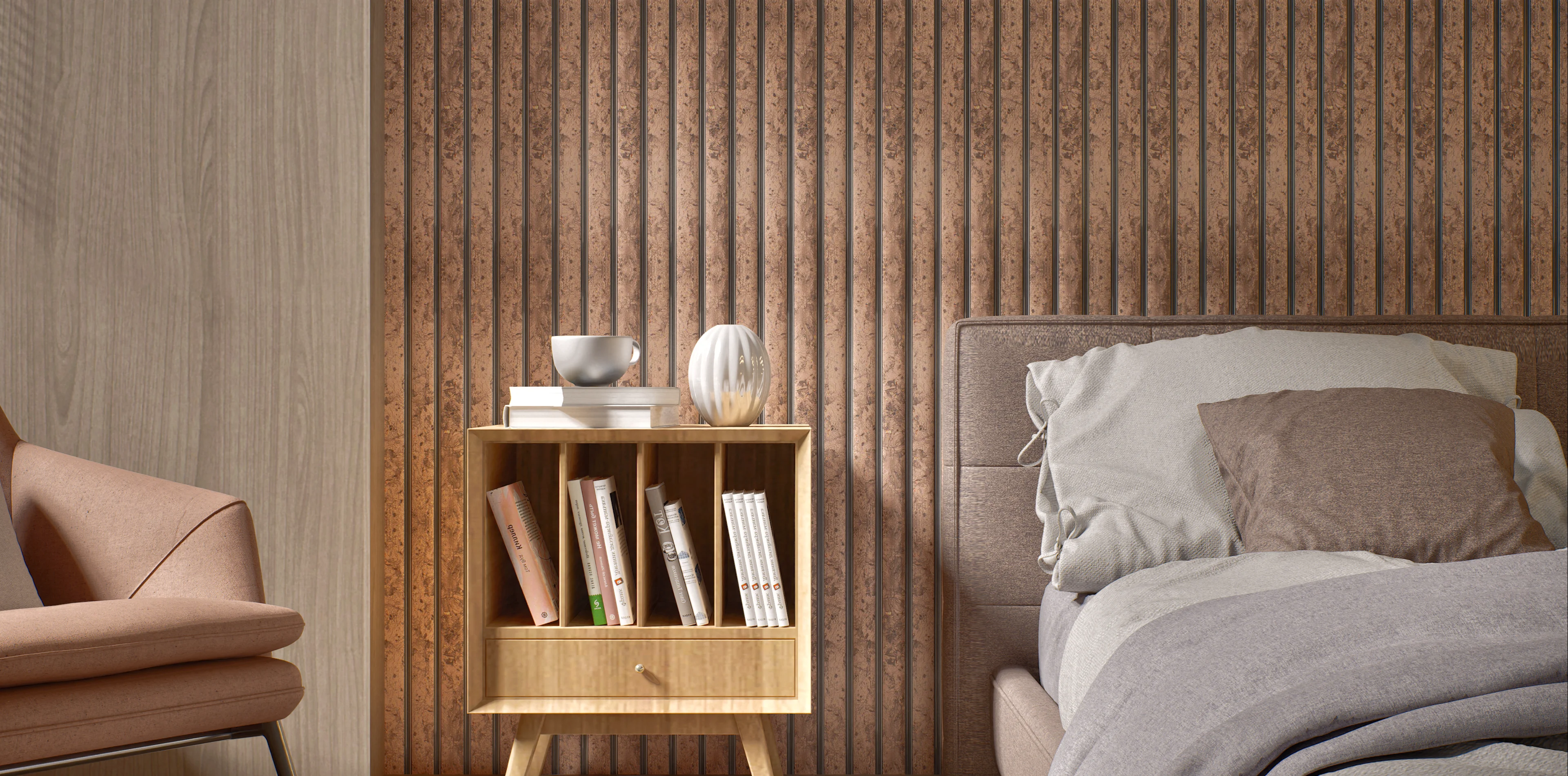 Bedroom with Vertical Wood Paneling and Accent Chair | Material Depot