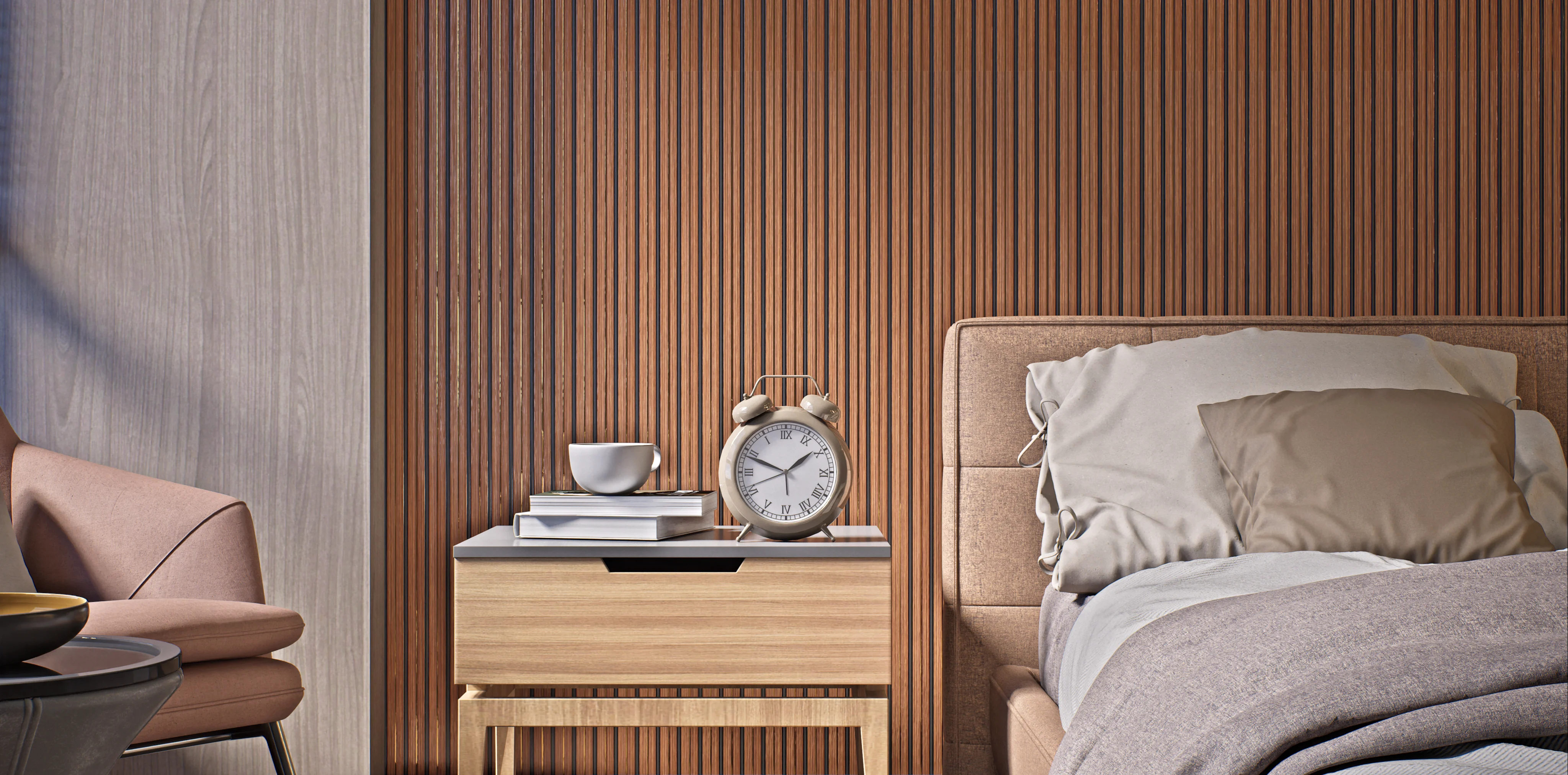 Bedroom with Wood-Paneled Wall and Accent Chair | Material Depot