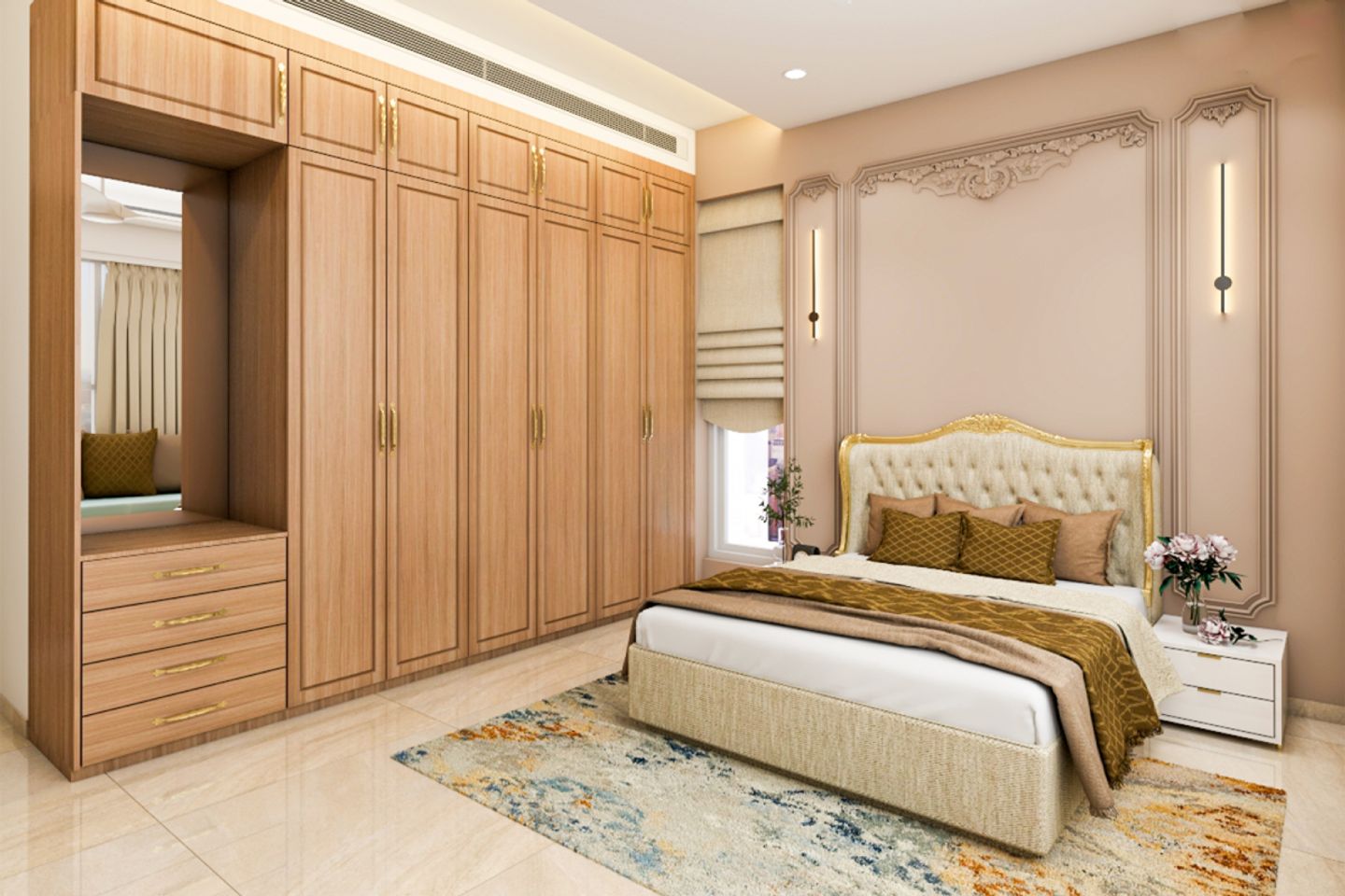 Wardrobe and room combined with wooden shades