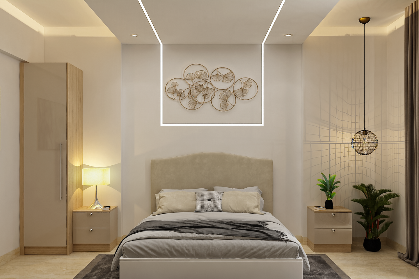 Bedroom with gray comforter and circular wall art above bed