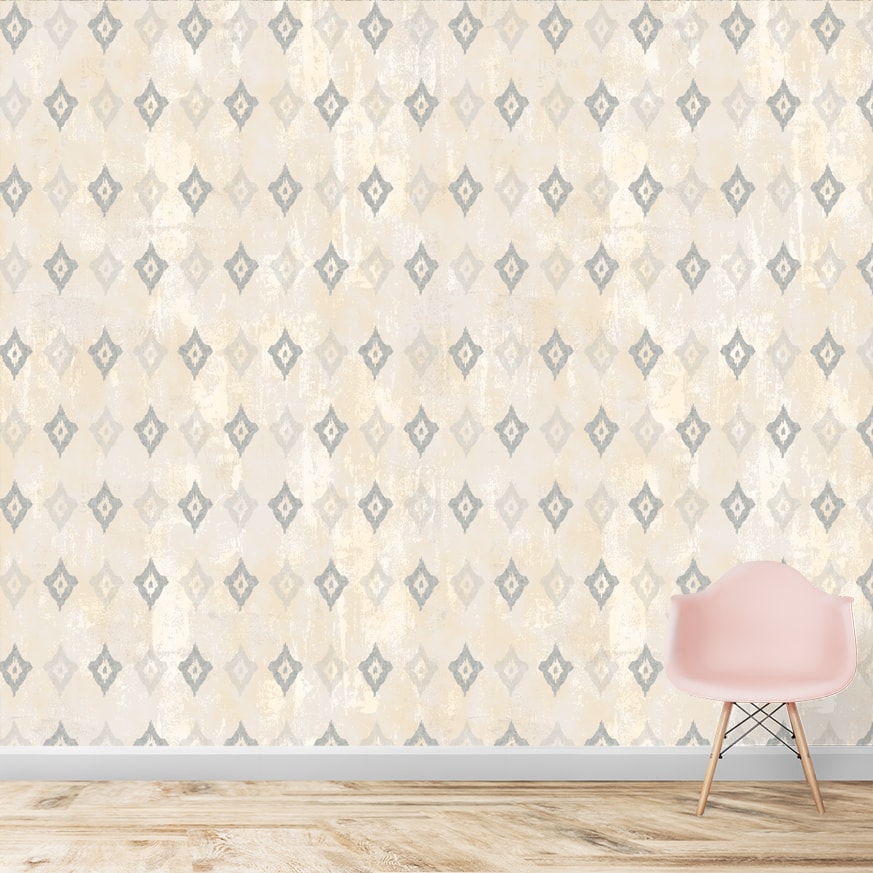 A close-up of a Beige Ikkat Design Indian Bedroom Wallpaper 19.6 Inches(W) x 420 Inches(H) Atarangi Series Abstract Patterned - 57 Sq. Ft. with a finish available at Material Depot in Bangalore