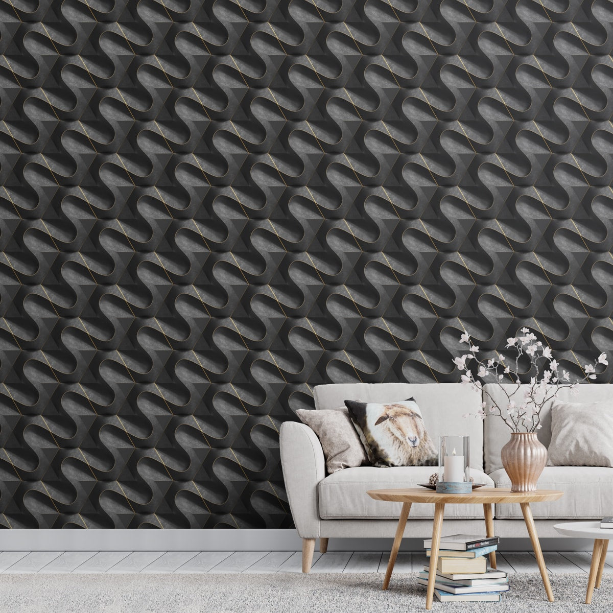 A close-up of a 3D Wallpaper for Homes and Offices, Black Background 19.6 Inches(W) x 420 Inches(H) Atarangi Series 3D Patterned - 57 Sq. Ft. with a finish available at Material Depot in Bangalore