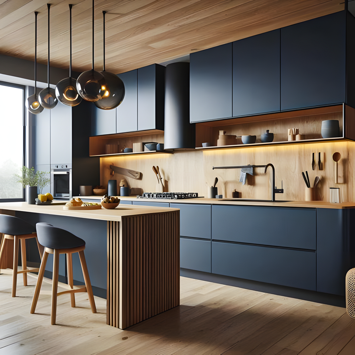 Blue And Wood Kitchen With Under Cabinet Lighting | Material Depot