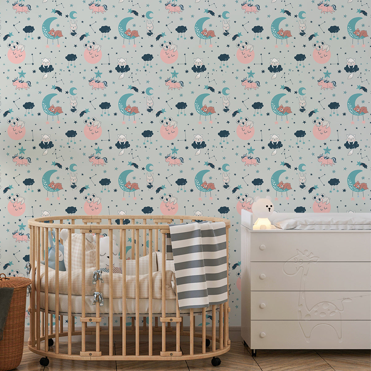 A close-up of a Animals Bedtime, Kids Wallpaper for Rooms, Blue 19.6 Inches(W) x 420 Inches(H) Atarangi Series Patterned Patterned - 57 Sq. Ft. with a finish available at Material Depot in Bangalore