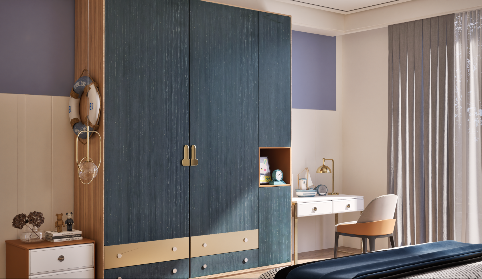 Blue Wooden Laminate Wardrobe for Stylish Kids' Bedroom Design | Material Depot