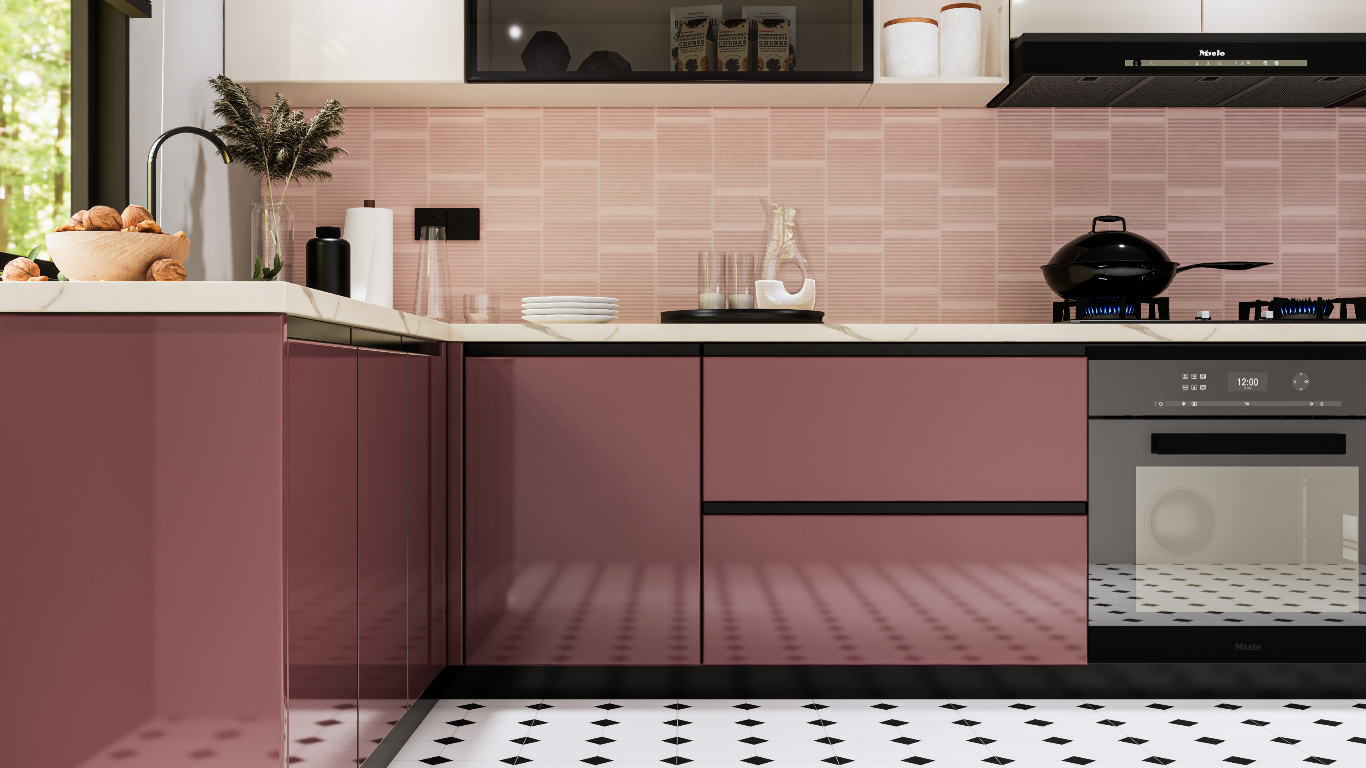 Blush Pink Modern Kitchen with Glossy Cabinets | Material Depot