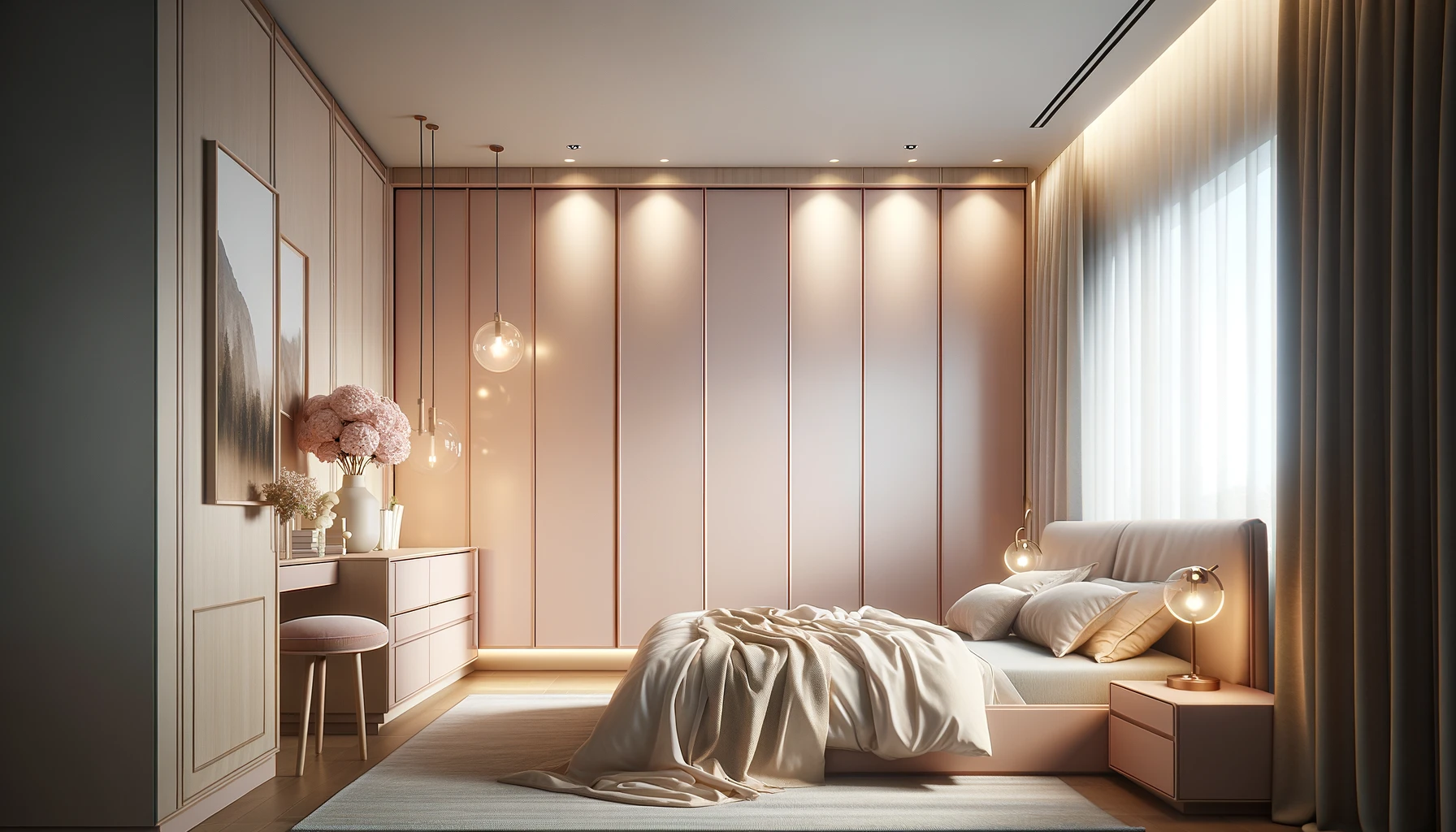 Blush-Toned Bedroom Oasis with Ambient Lighting and Softness | Material Depot