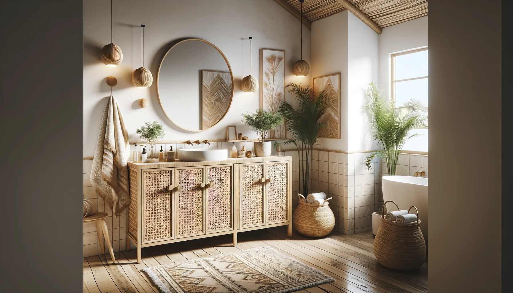 Bohemian Bathroom Elegance with Natural Fibers and Woodwork | Material Depot