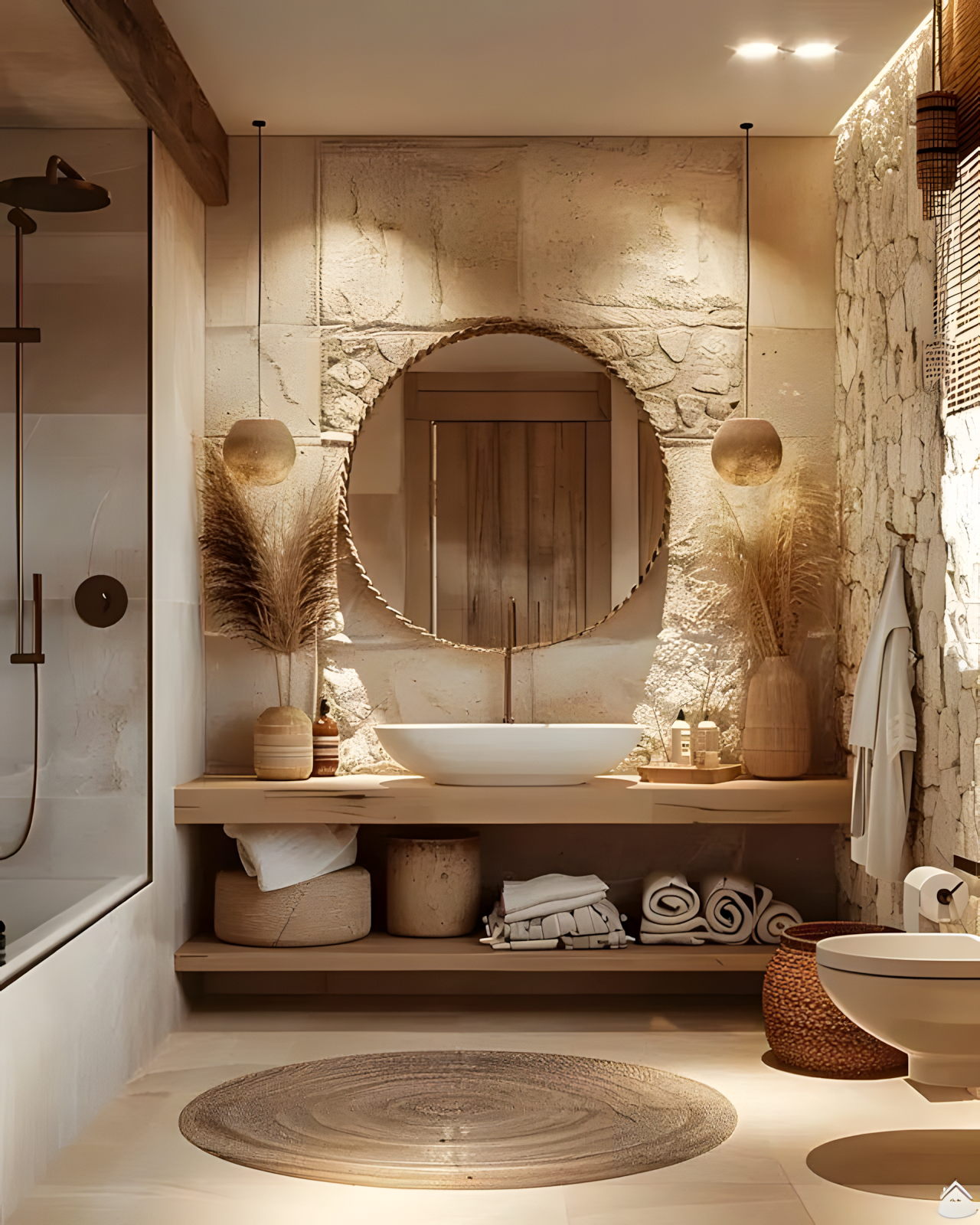 Bohemian Bathroom with Rustic Stone Wall | Material Depot