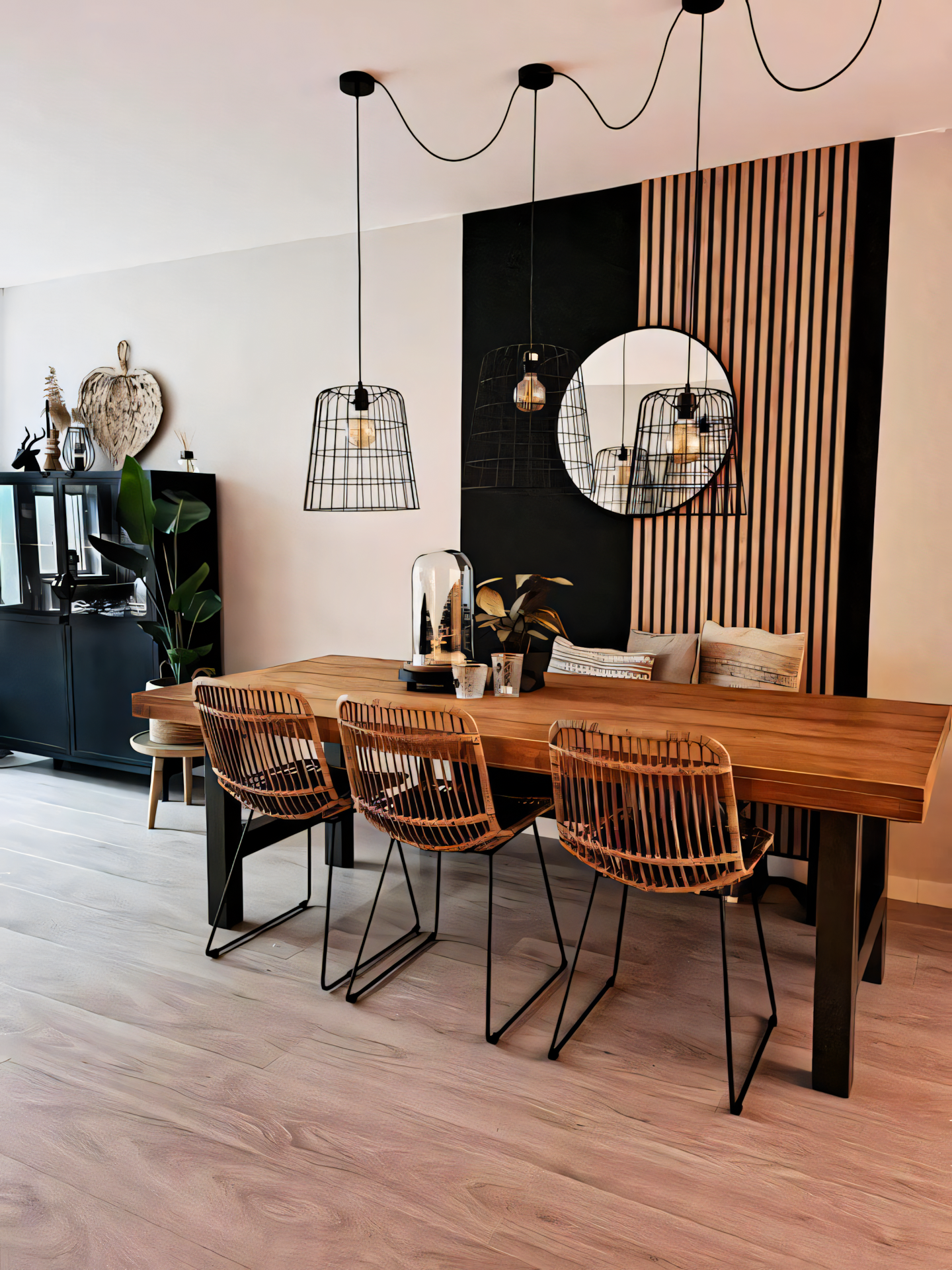 Bohemian Dining Room with Rattan Chairs and Black and White Decor | Material Depot