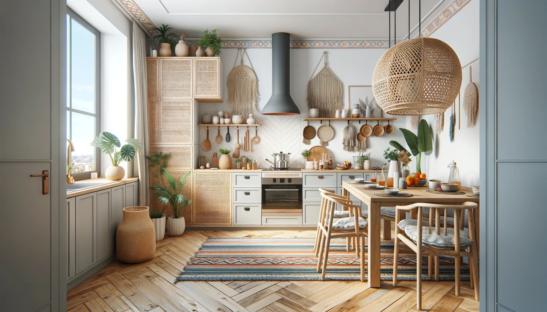 Bohemian Kitchen Charm with Wicker Details and Rustic Wood Elements | Material Depot