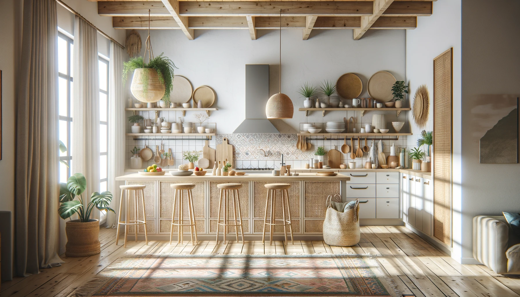 Bohemian Kitchen Charm: Woven Accents under Rustic Beams and Sunlight | Material Depot