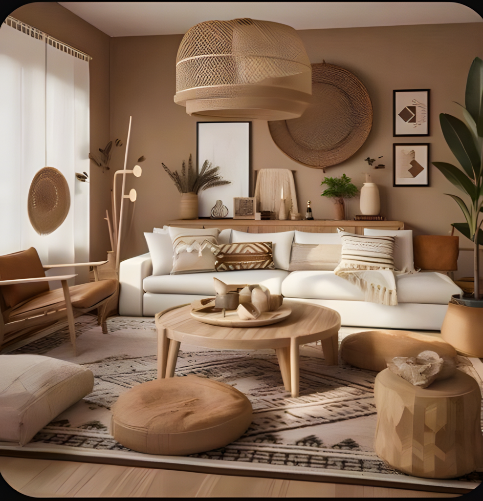 Bohemian Living Room with Rattan Accents and Natural Elements | Material Depot