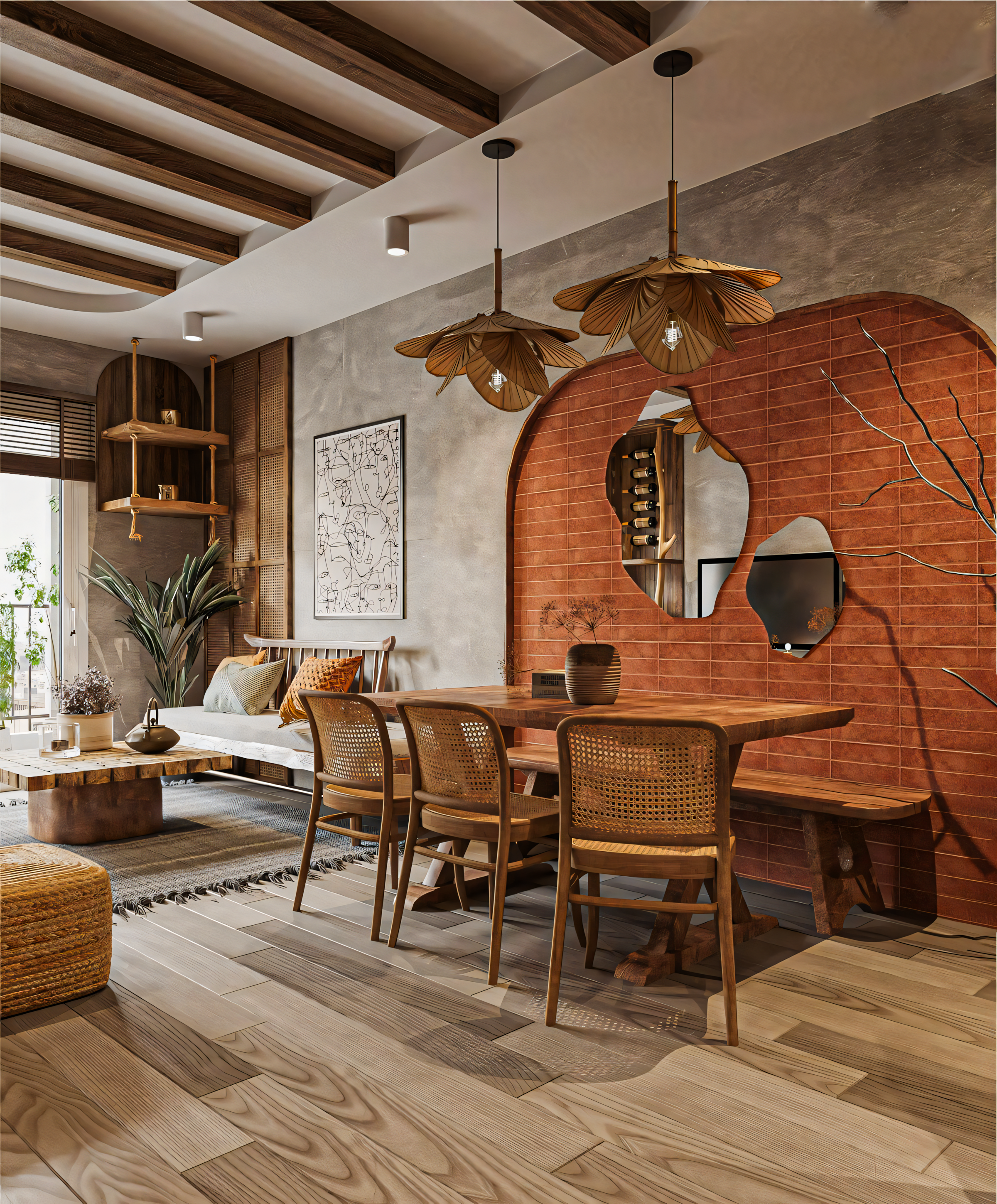 Bohemian Open-Plan Living Space with Rattan Furniture and Brick Wall | Material Depot