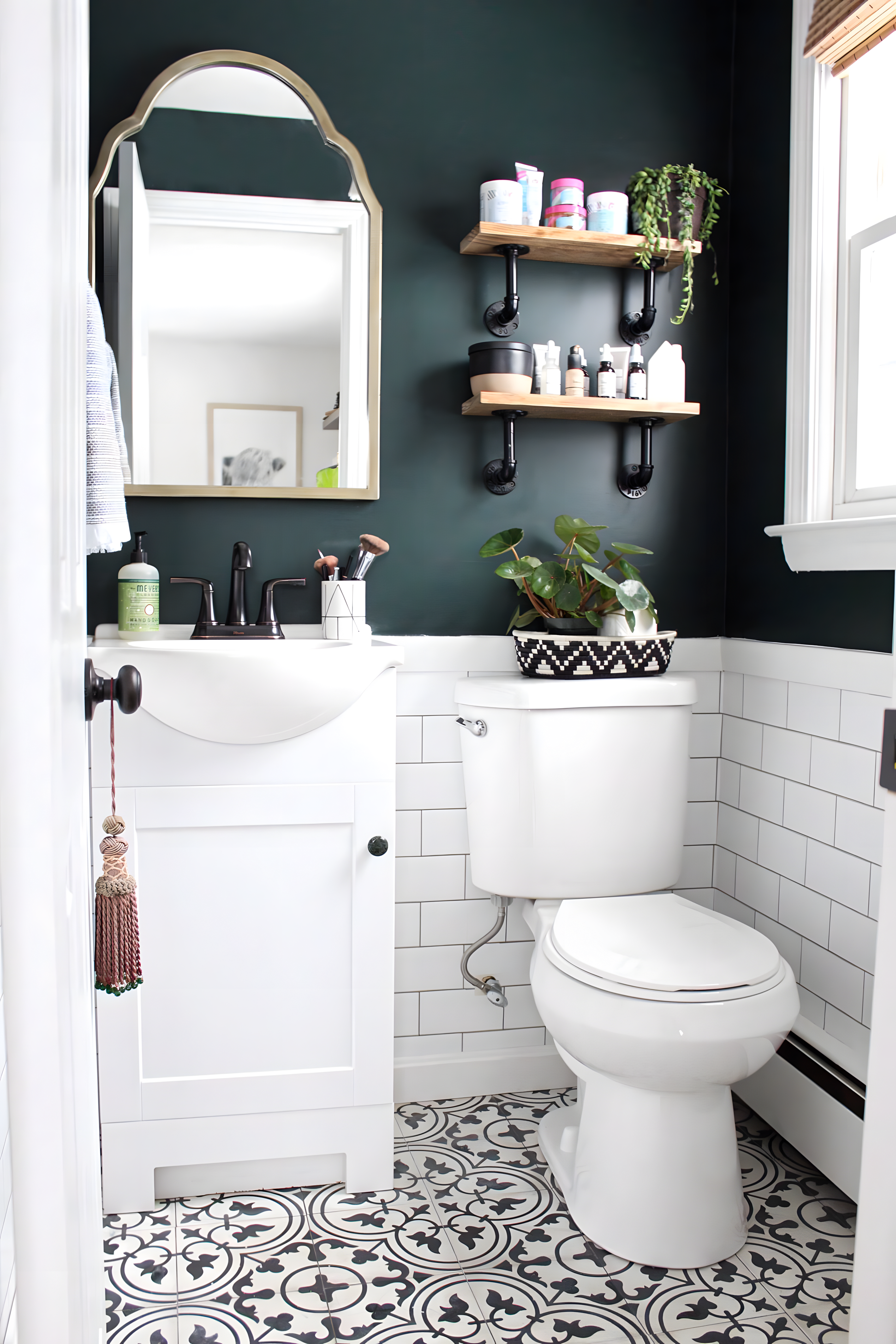 Bohemian Powder Room with Green Accent Wall | Material Depot