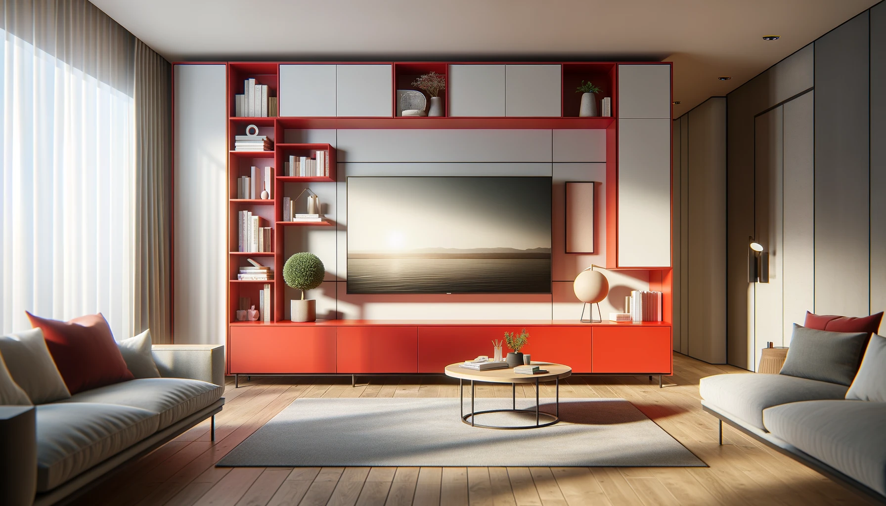 Bold Contrast Modern Living Space with Vivid Red Accents | Material Depot