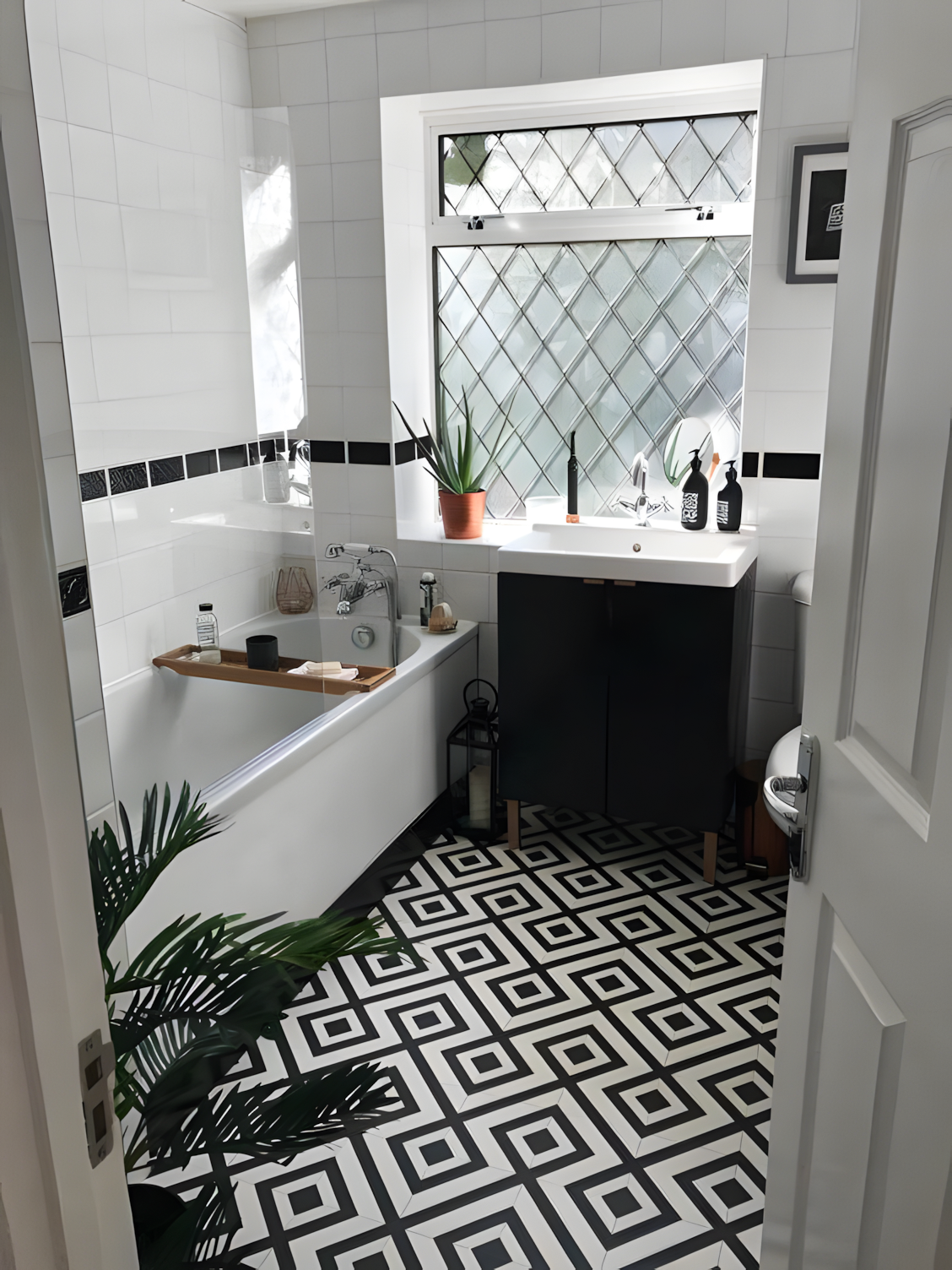 Bold Geometric Floor Tiles Paired with Classic White Wall Tiles | Material Depot