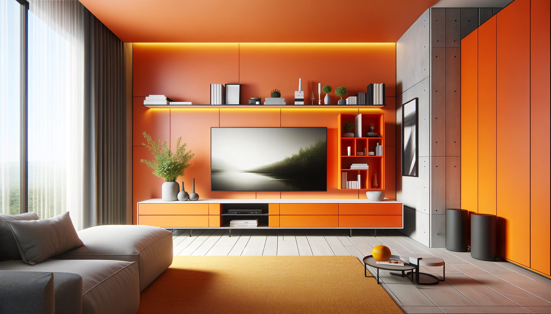 Bold Harmony: Modern Living Space with Striking Orange Highlights | Material Depot