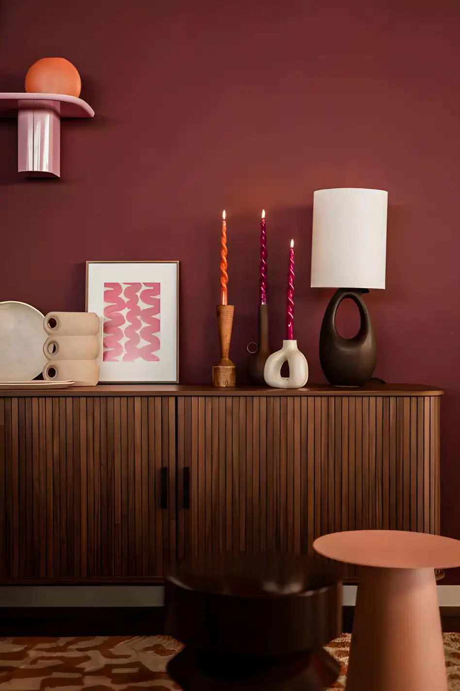 Bold Maroon Accent Wall with Fluted Cabinet and Warm Wooden Accents | Material Depot