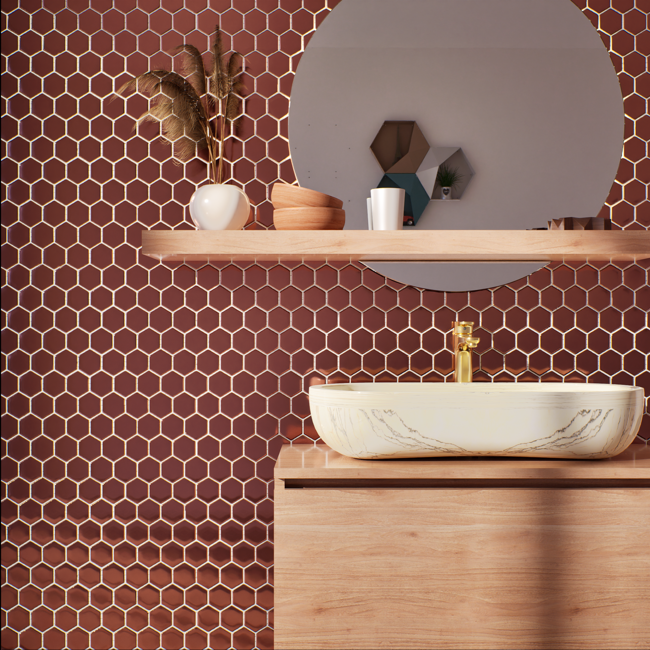 Bold Maroon Hexagonal Wall Tiles in Modern Vanity Design | Material Depot