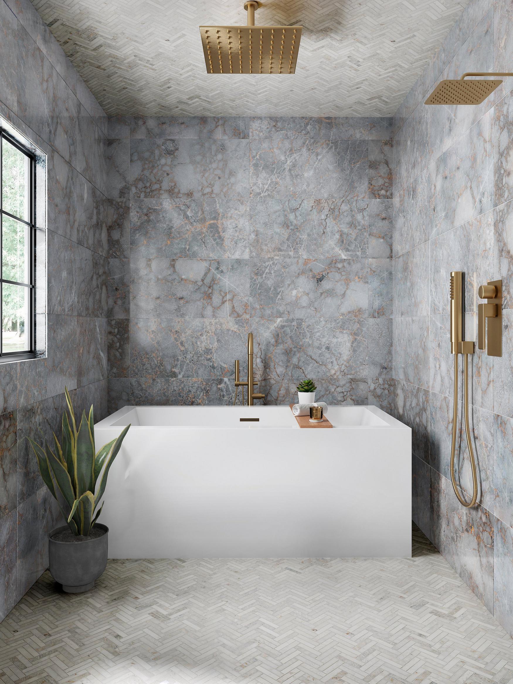 Bathroom with granite-style wall and patterned floor