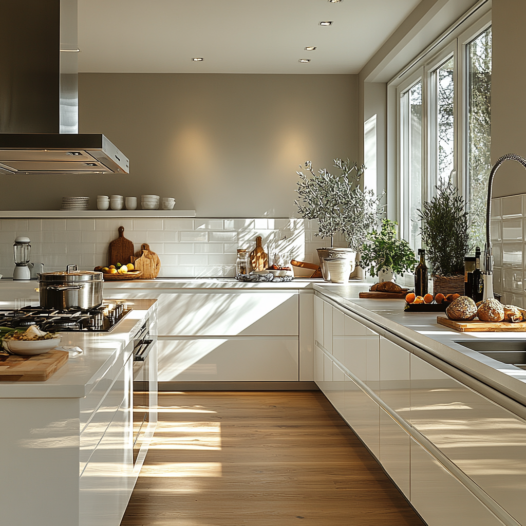 Bright and Airy Modern Kitchen with White Cabinets and Wood Accents | Material Depot