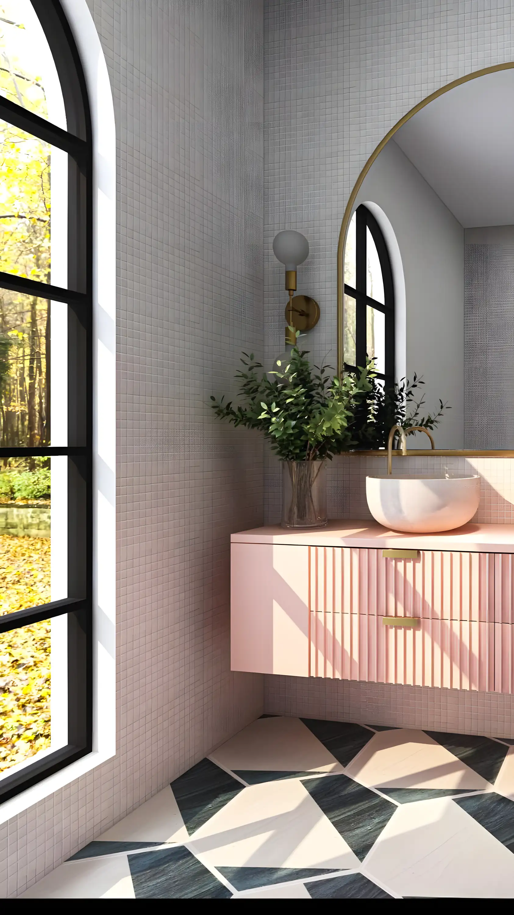 Bright Bathroom with Pink Vanity and Geometric Flooring | Material Depot