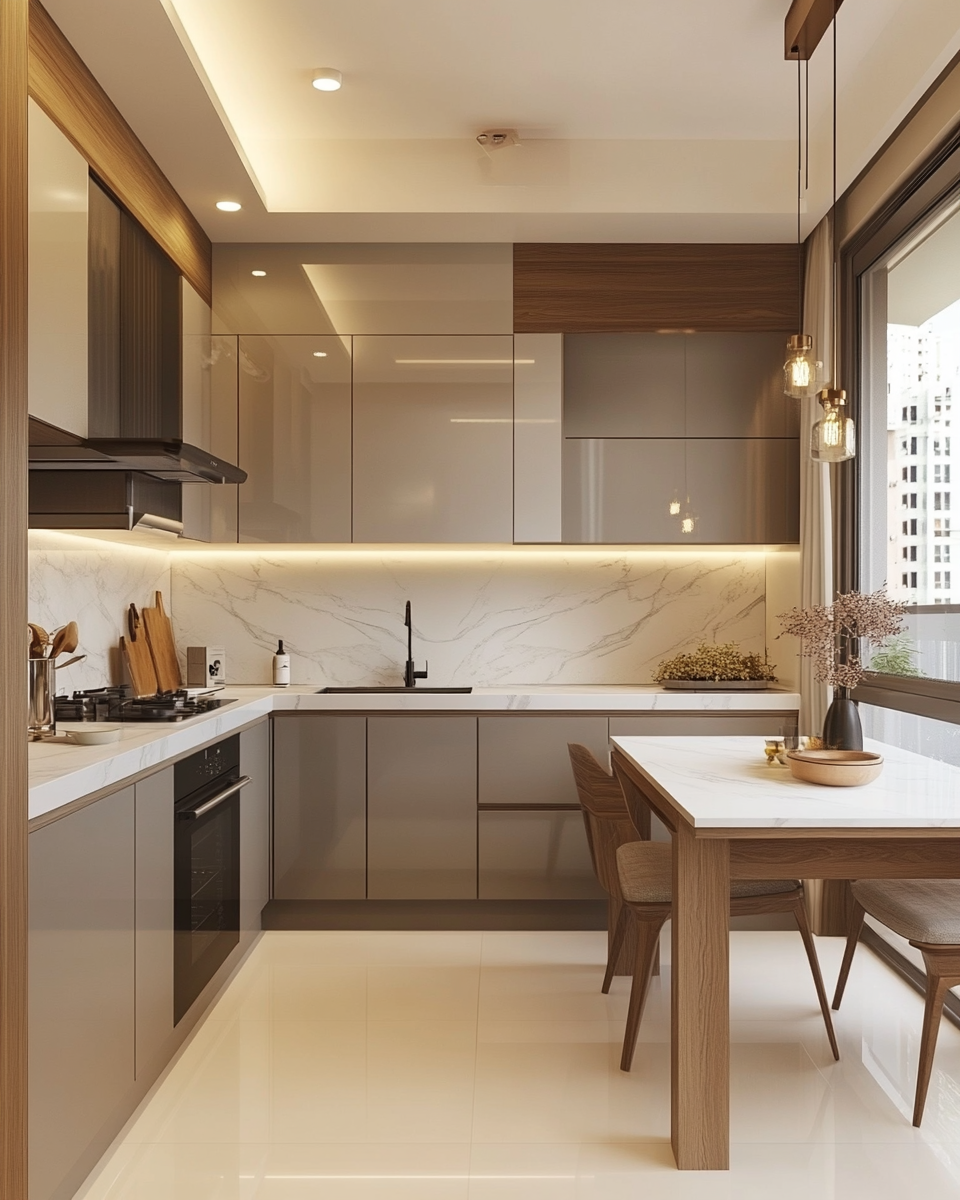 Bright Contemporary Kitchen with Neutral Laminates and Marble Textures | Material Depot