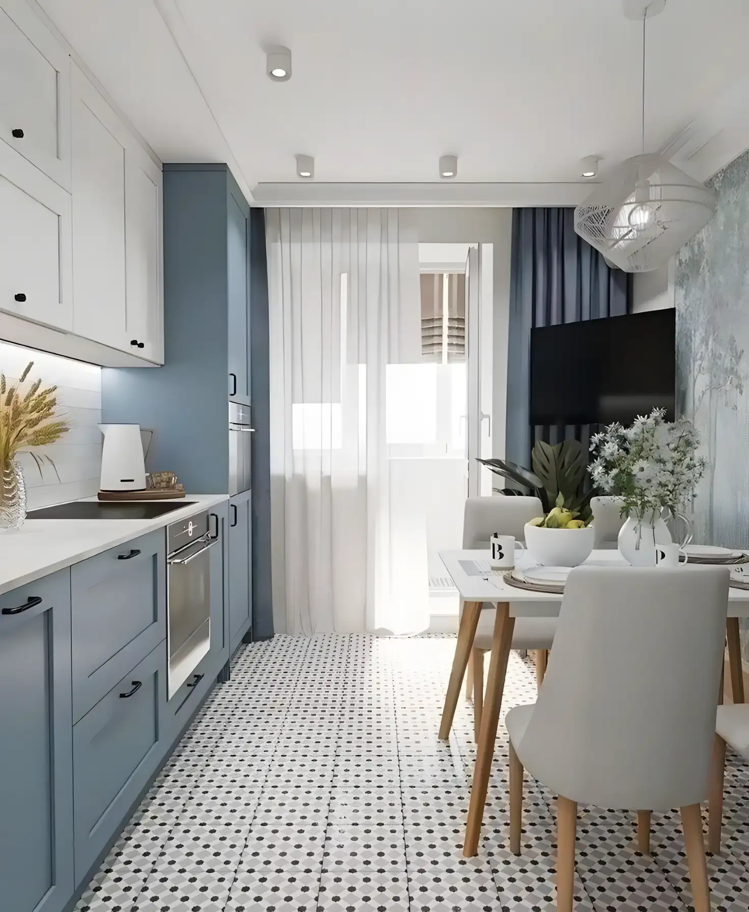 Bright Kitchen With Patterned Floor Tiles | Material Depot