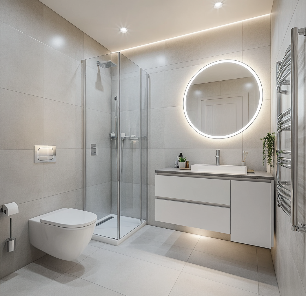 Bright Minimalism: Sleek and Functional Bathroom with Stylish Circular Mirror | Material Depot