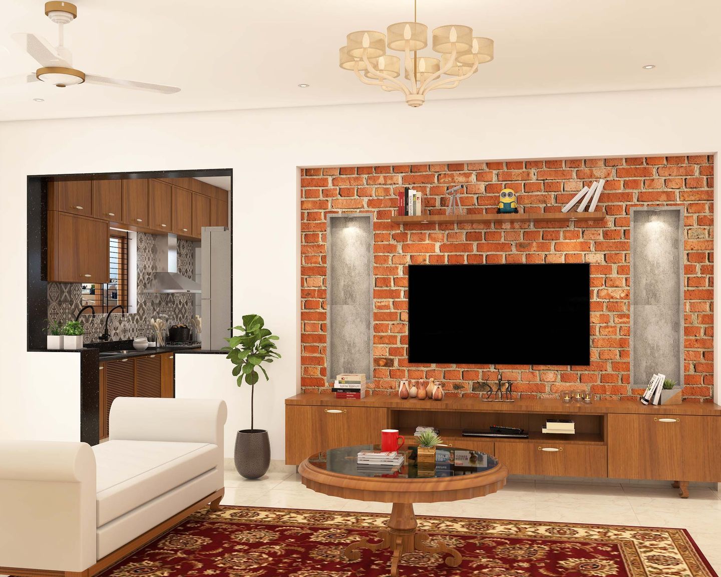 Rustic TV Unit: Brick Accent, Wooden Charm in White Living Room