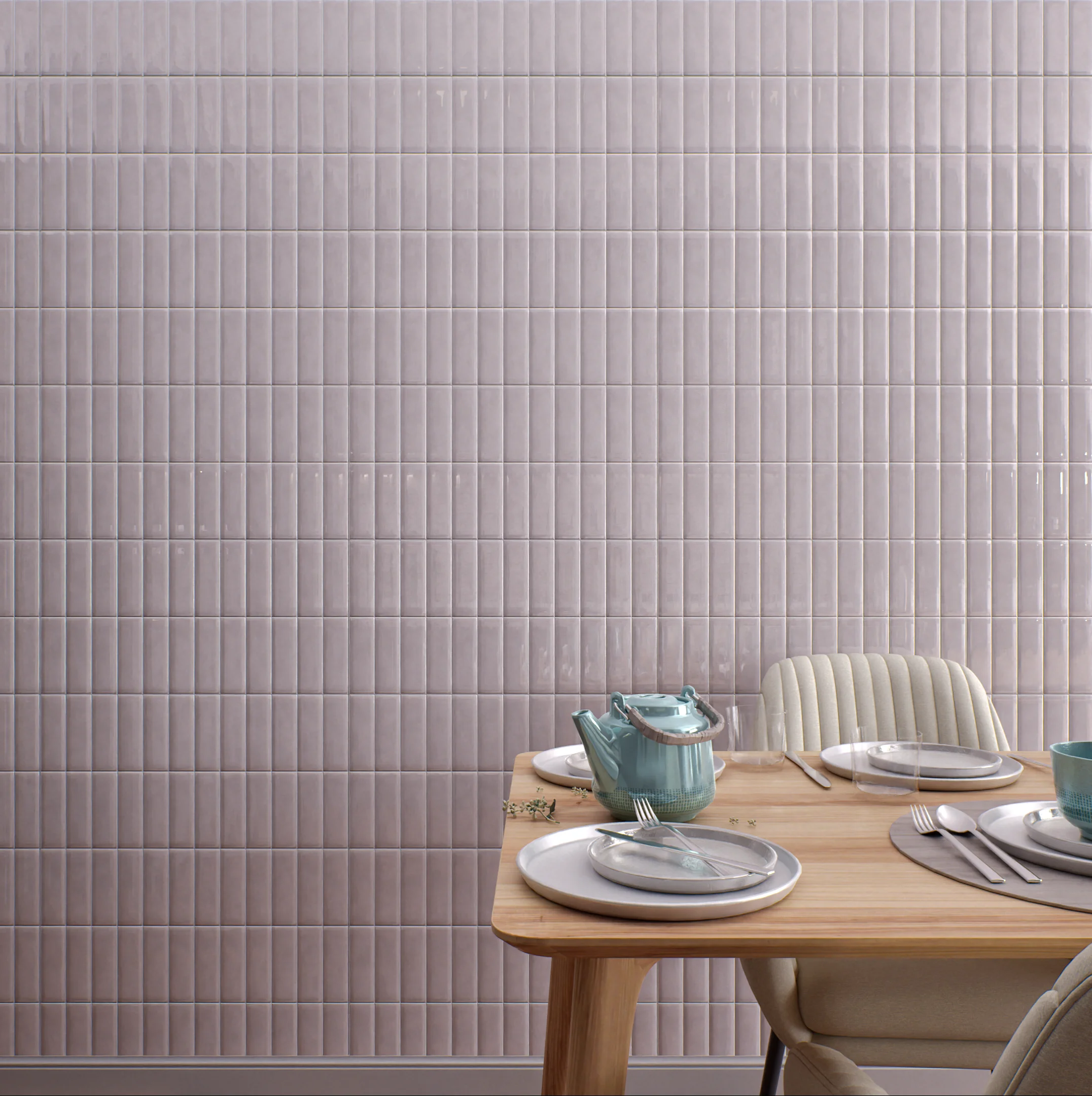 Charming Dining Area with Soft Pink Tile Backsplash | Material Depot