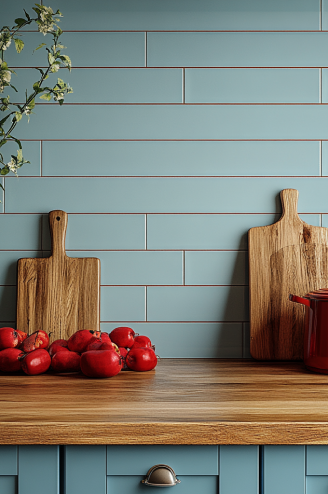 Charming Kitchen with Blue Subway Tiles and Warm Wooden Countertop | Material Depot