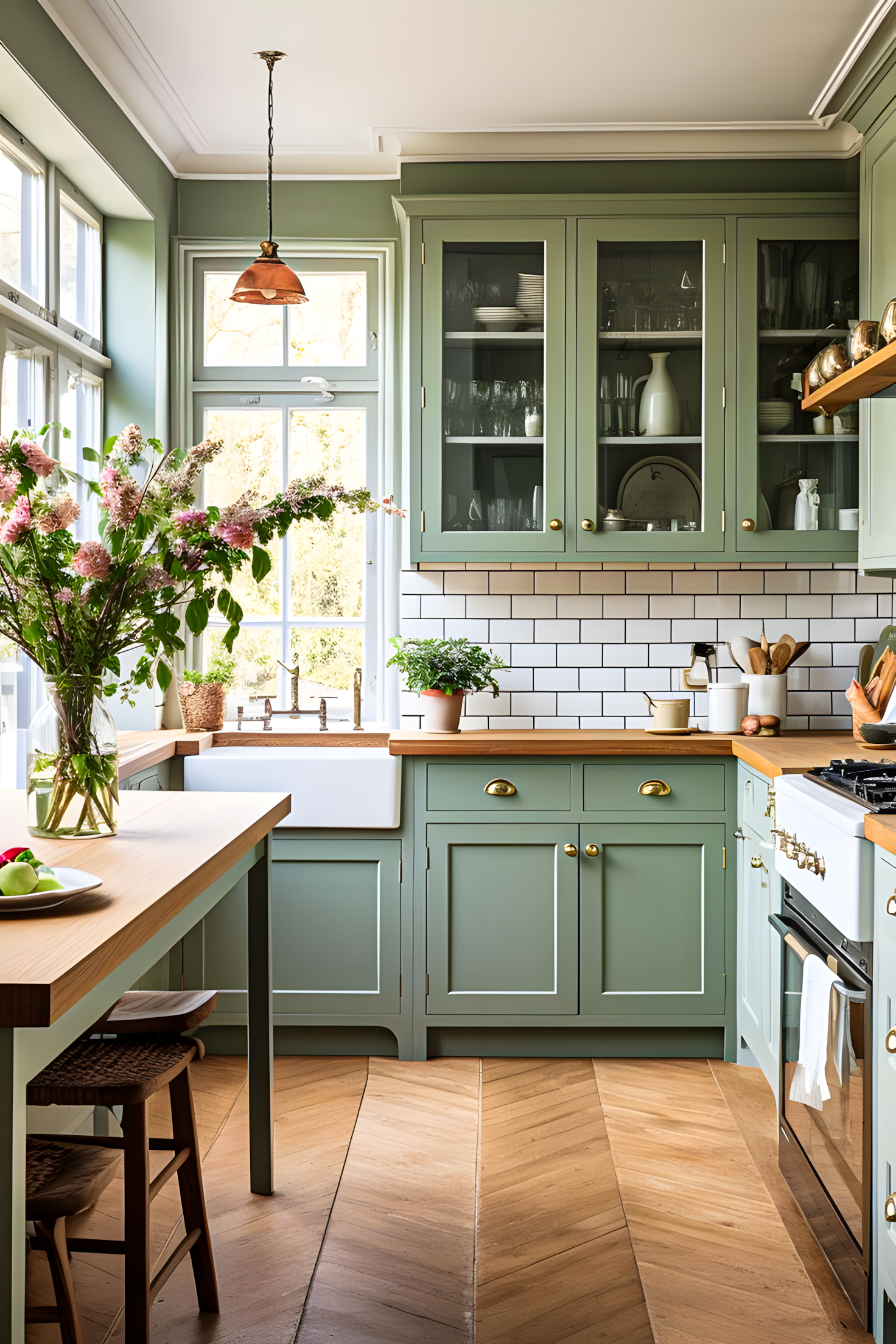 Charming kitchen with pastel green cabinets, subway tiles, and brass fixtures for a classic look. | Material Depot