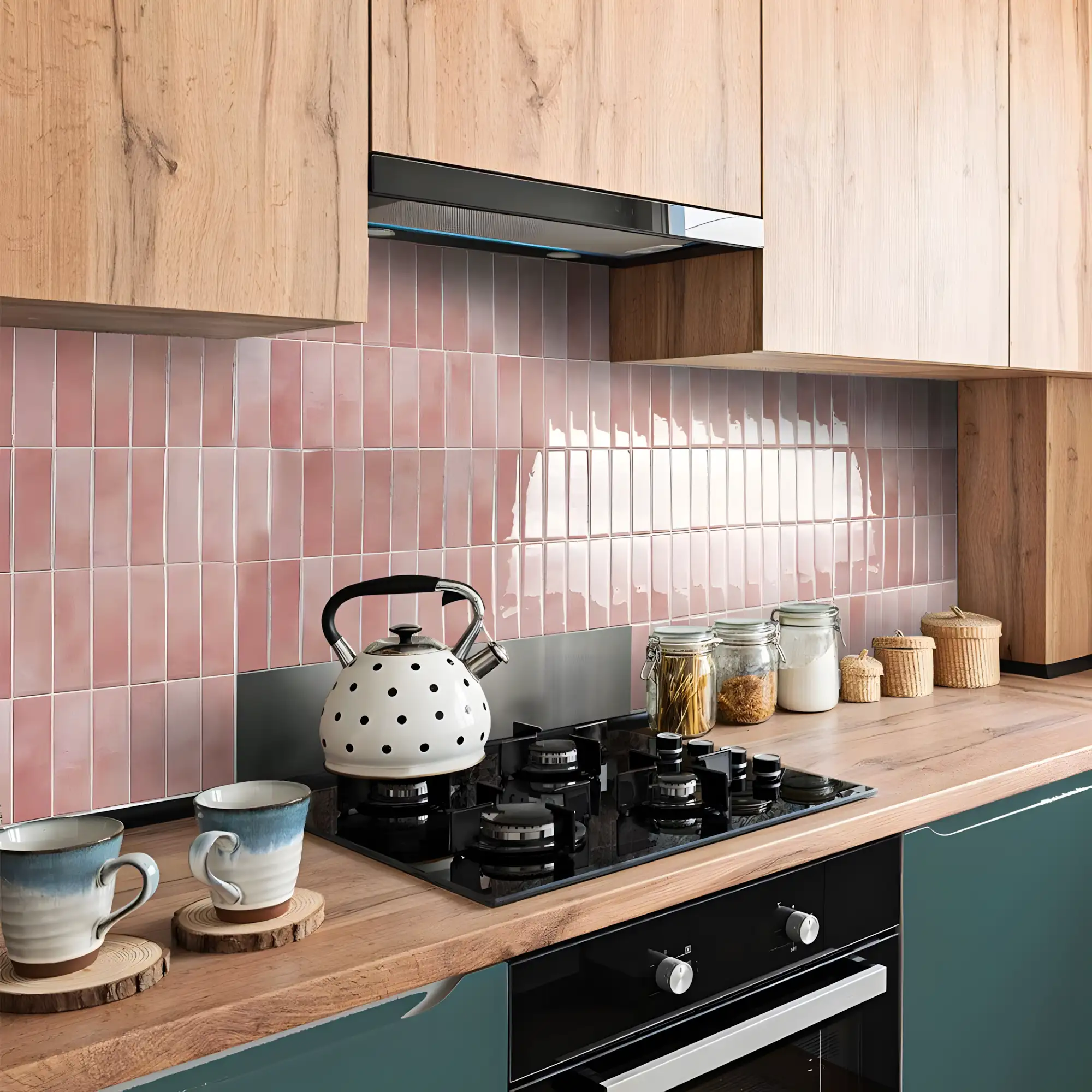 Charming Kitchen with Pink Glazed Tiles and Natural Wood Accents | Material Depot