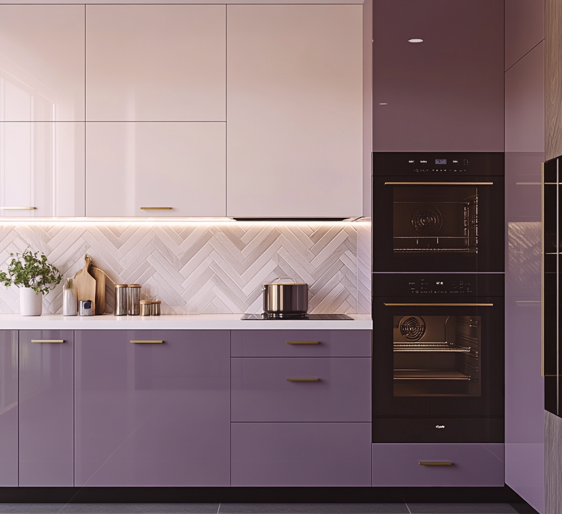 Charming Lavender Glossy Solid Laminate Kitchen with Chevron Backsplash | Material Depot