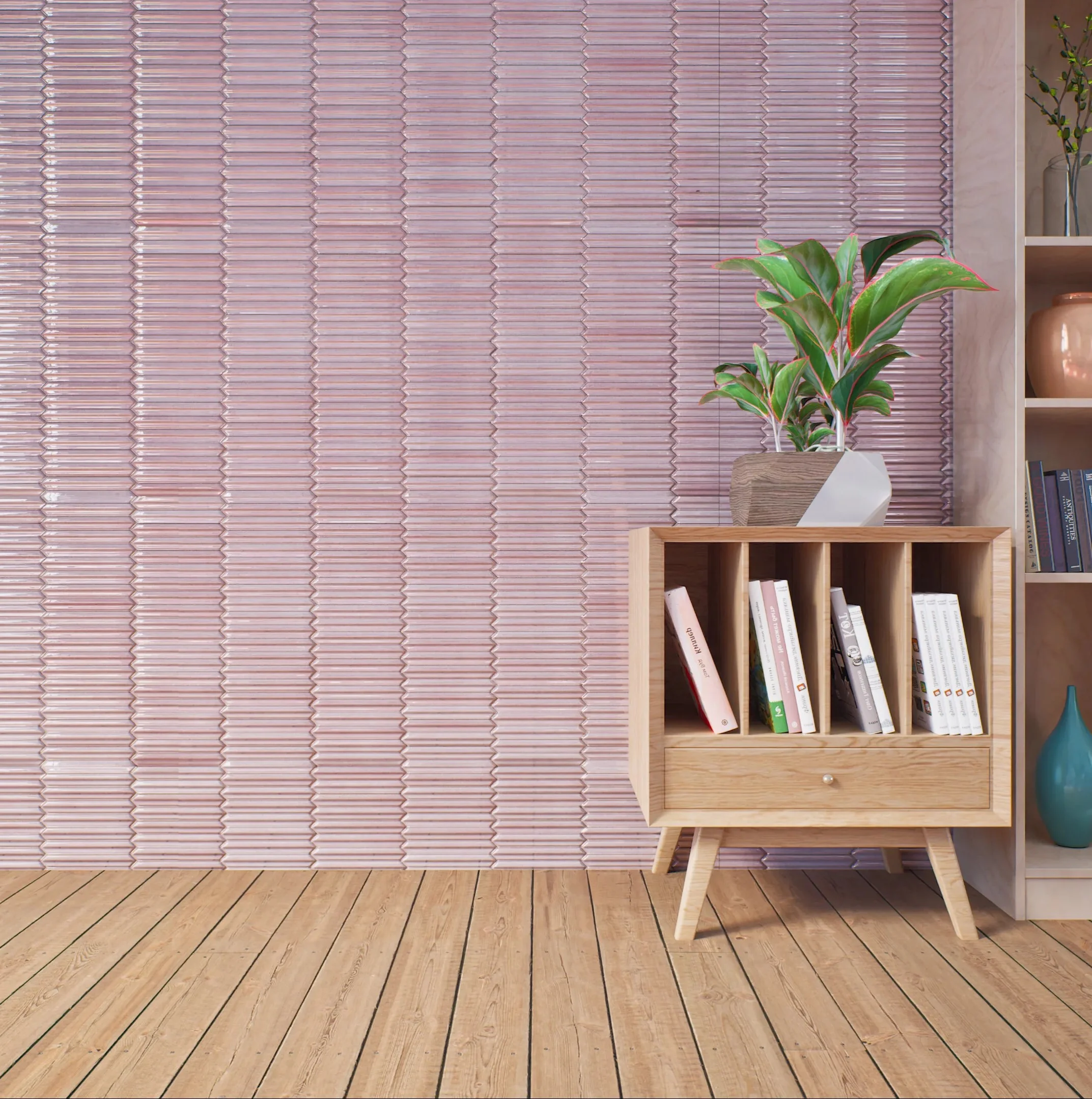 Charming Reading Nook with Pink Textured Tile Wall | Material Depot