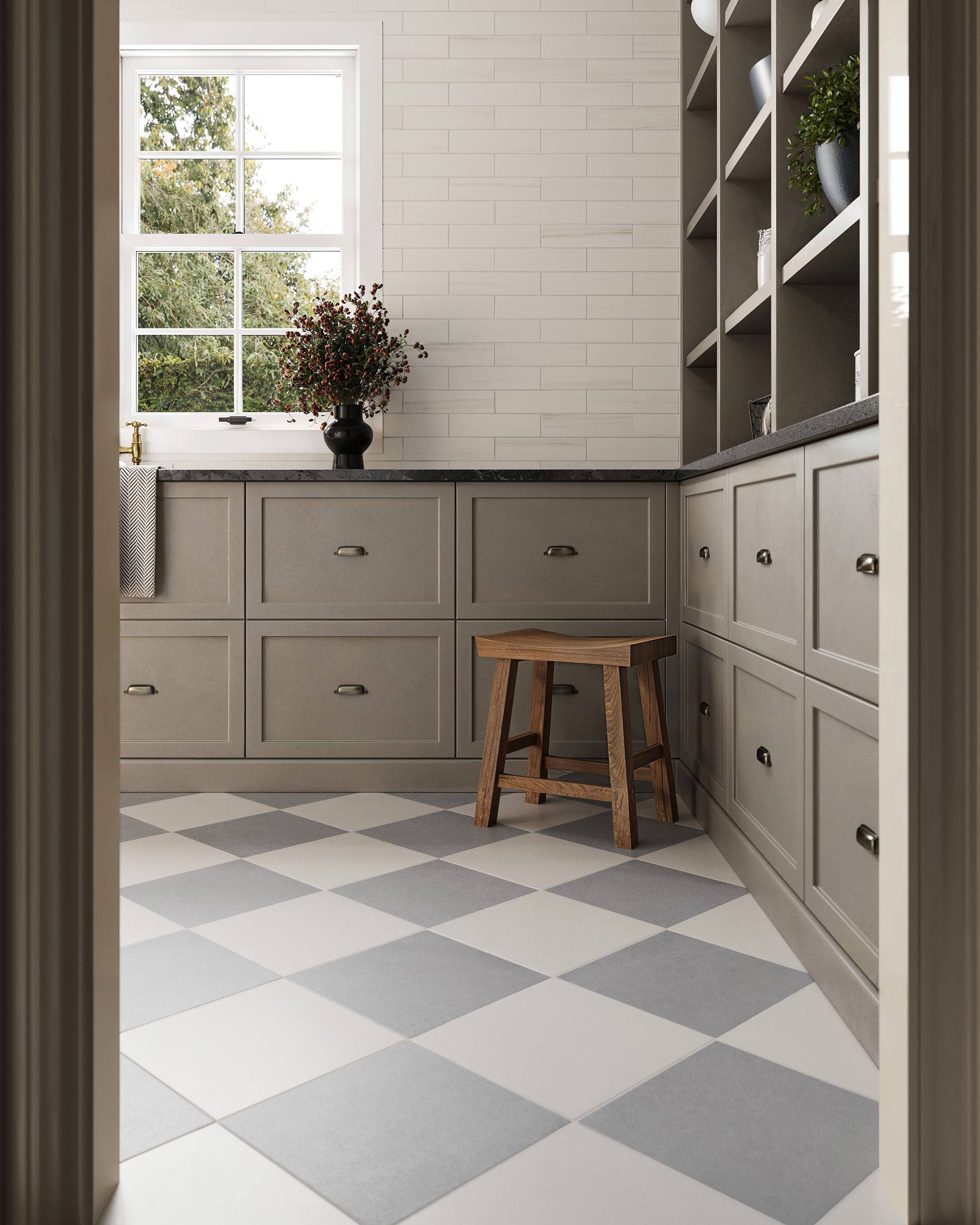 Charming Traditional Kitchen with Checkerboard Tile Floor and White Brick Backsplash | Material Depot