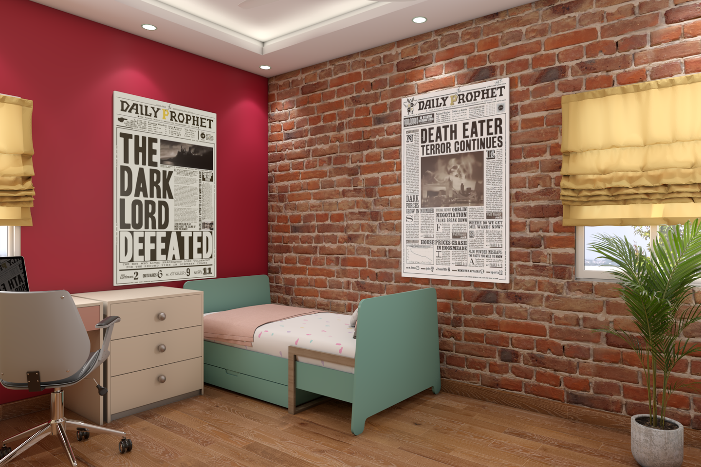 Cozy rustic kids bedroom with charming newspaper wall and creative decor