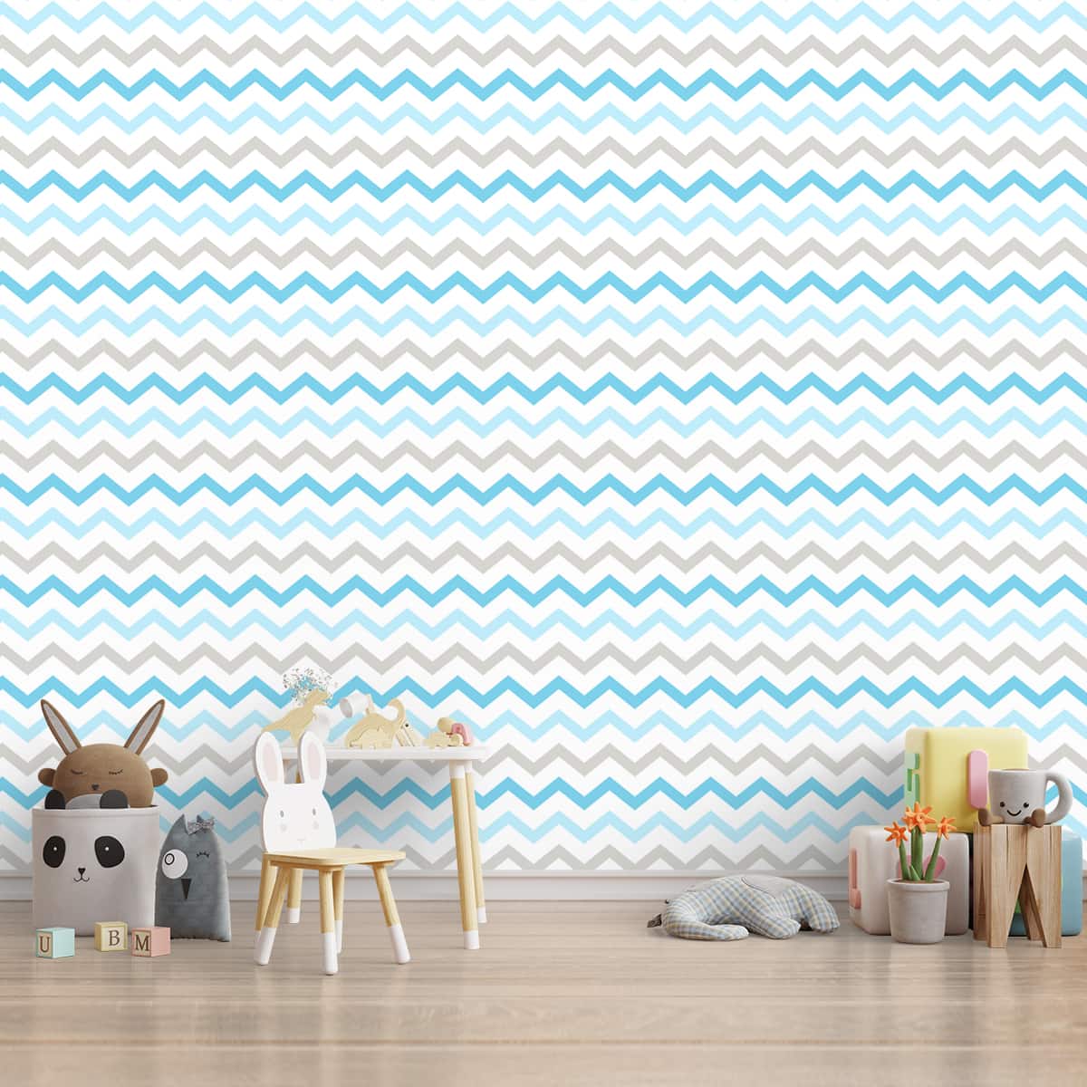 A close-up of a Blue and Grey Chevron Wallpaper for Kids Room 19.6 Inches(W) x 420 Inches(H) Atarangi Series Patterned Patterned - 57 Sq. Ft. with a finish available at Material Depot in Bangalore