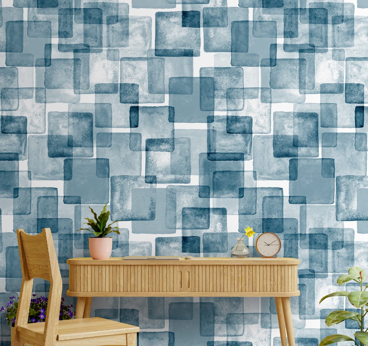 A close-up of a Blue and White Abstract Square Blocks Wallpaper 19.6 Inches(W) x 420 Inches(H) Atarangi Series Abstract Patterned - 57 Sq. Ft. with a finish available at Material Depot in Bangalore